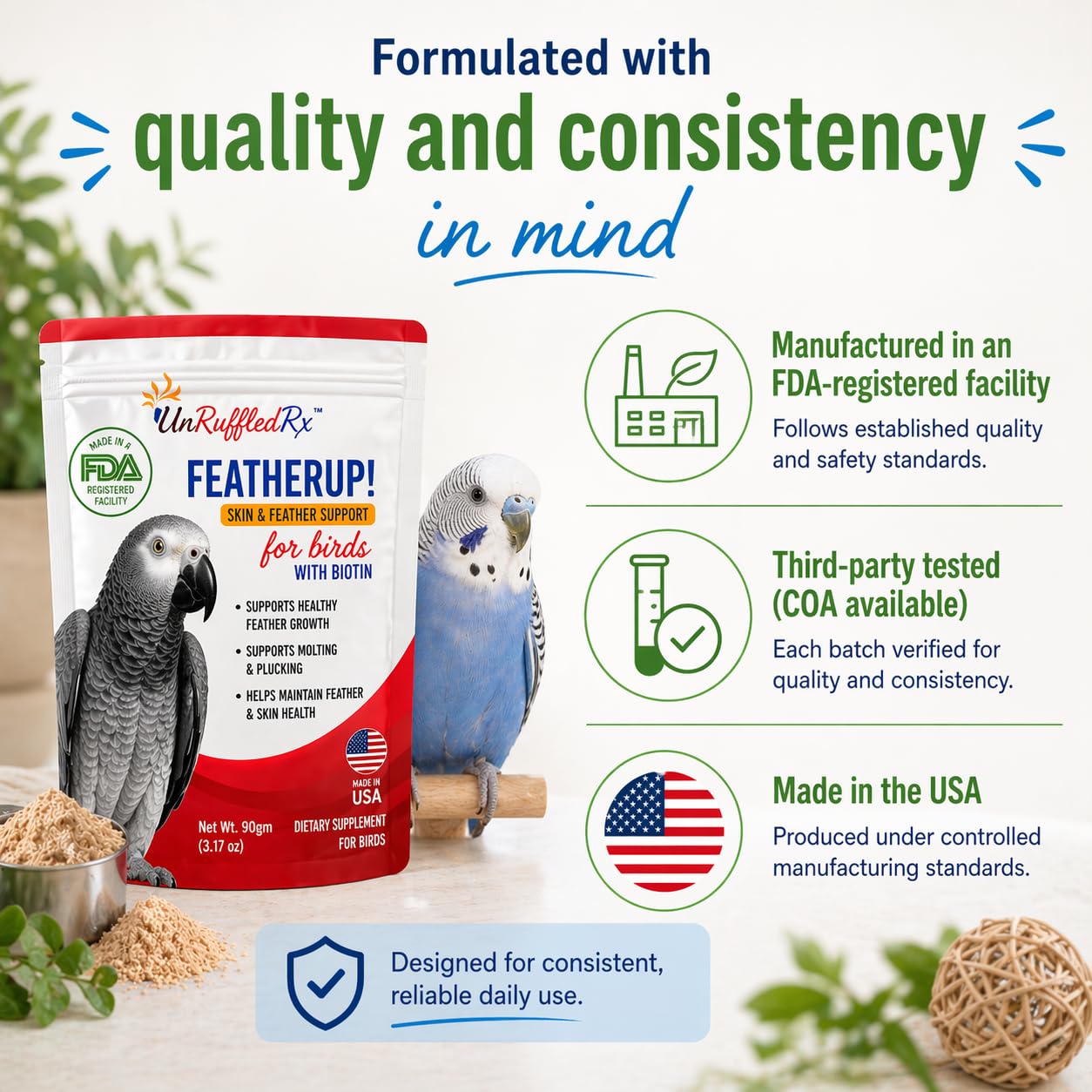 UnRuffledRx FeatherUp label-closeup with ingredients and dosing directions.