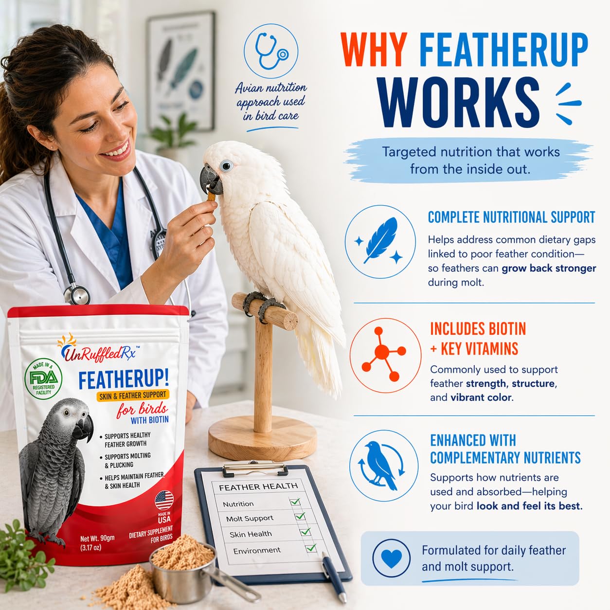 UnRuffledRx FeatherUp mixing-with-food scene showing easy incorporation into meals.