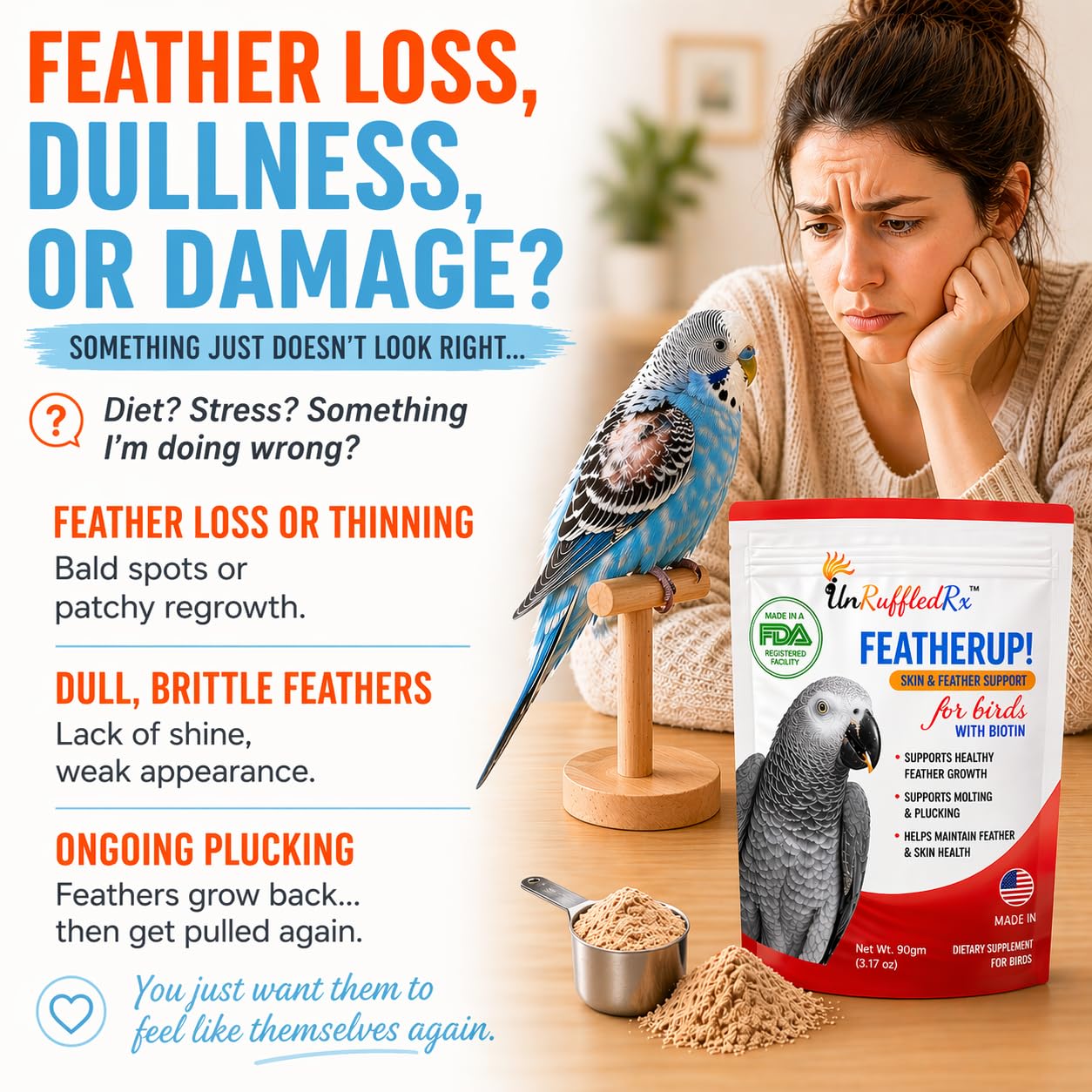 UnRuffledRx FeatherUp powder-dispense close-up showing premium nutrition for feather growth.