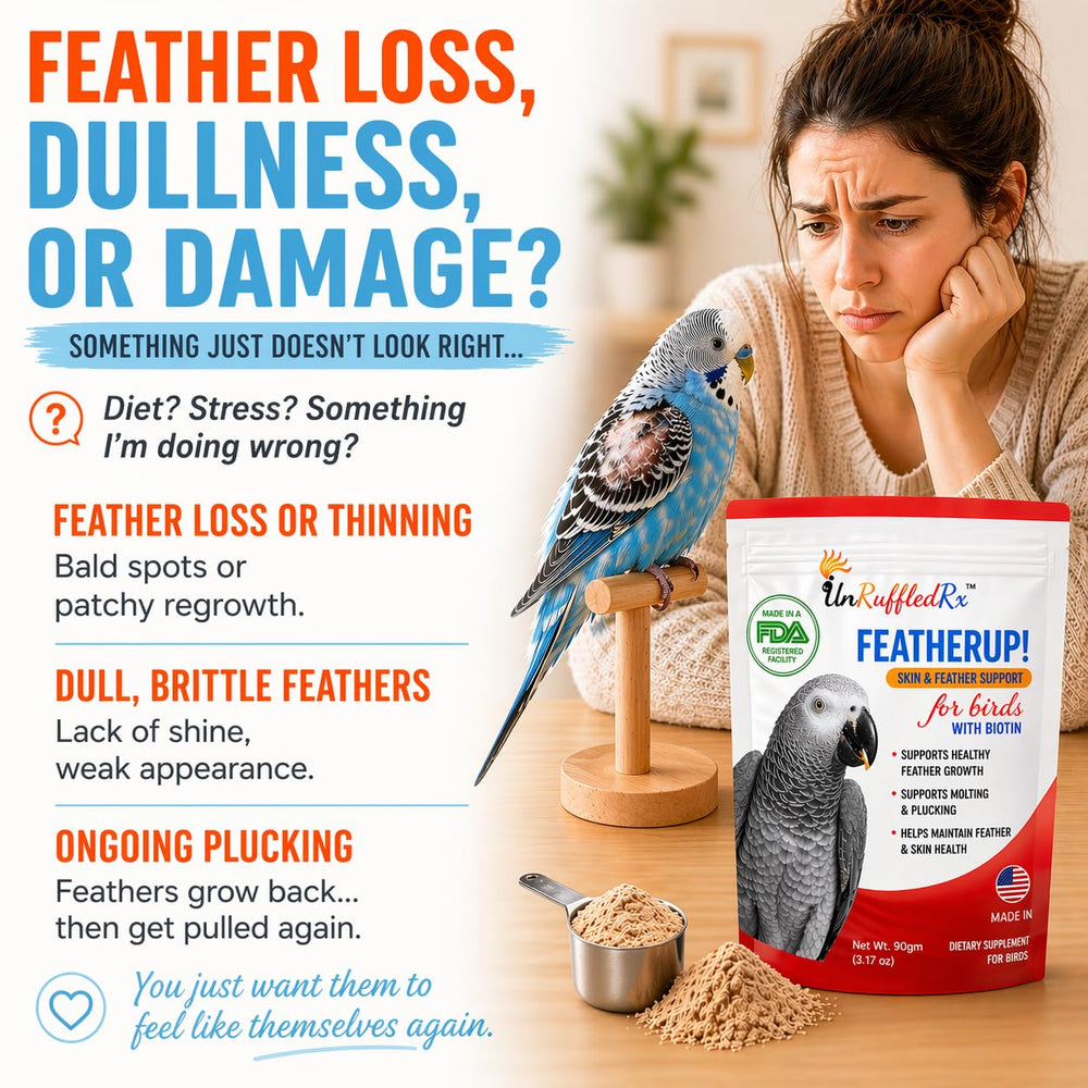 UnRuffledRx FeatherUp powder-dispense close-up showing premium nutrition for feather growth.