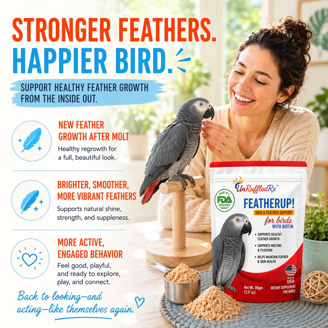UnRuffledRx FeatherUp scoop-in-use demonstrating precise dosing for molt support.
