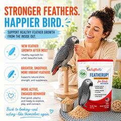 UnRuffledRx FeatherUp scoop-in-use demonstrating precise dosing for molt support.