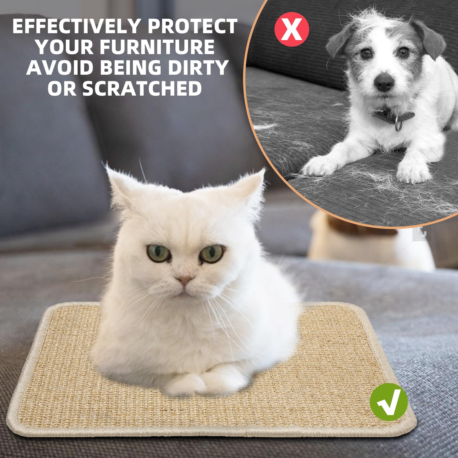 Uotey beige sisal mat helps protect furniture during scratching.