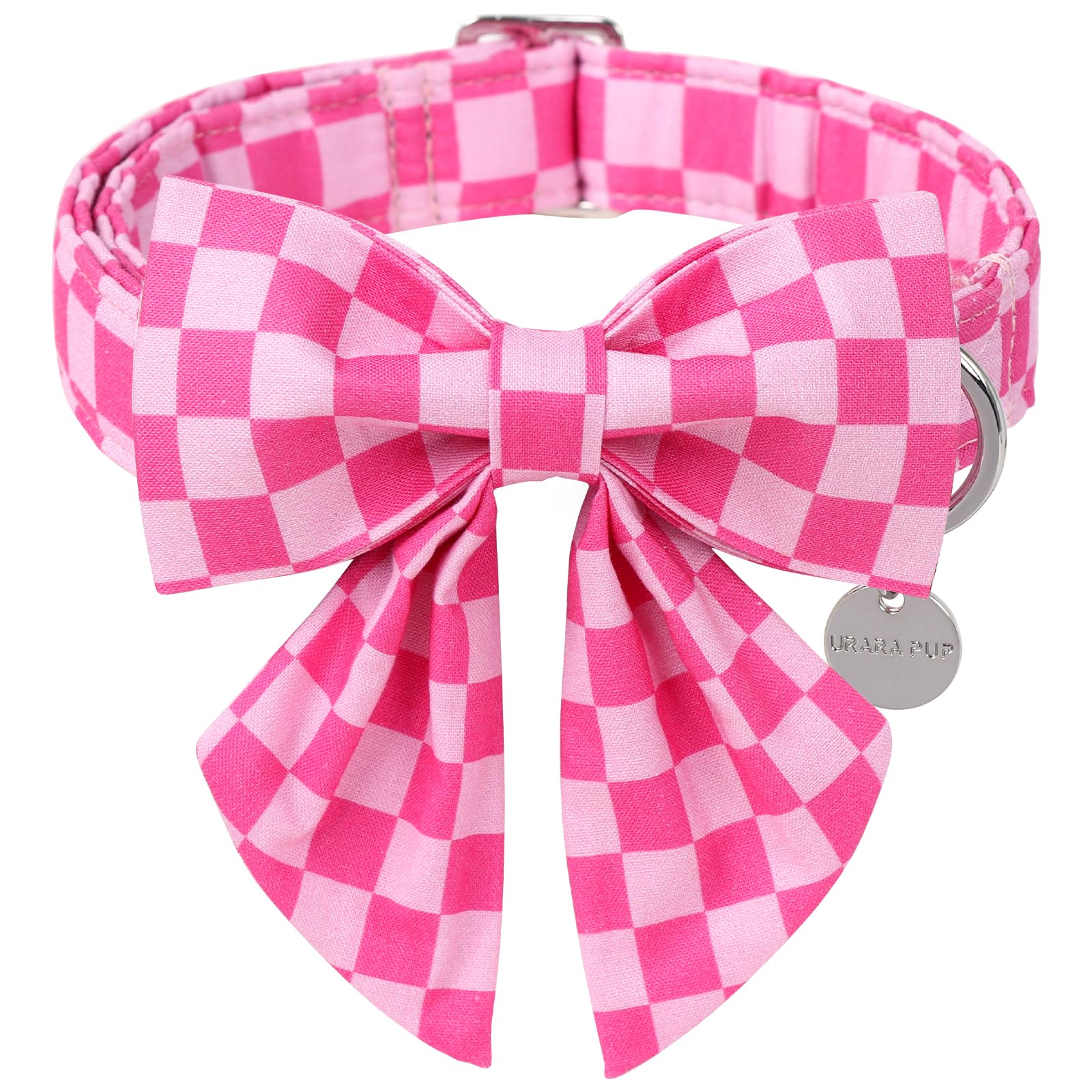 UP URARA PUP pink plaid bow collar on main view, ideal for daily summer wear.
