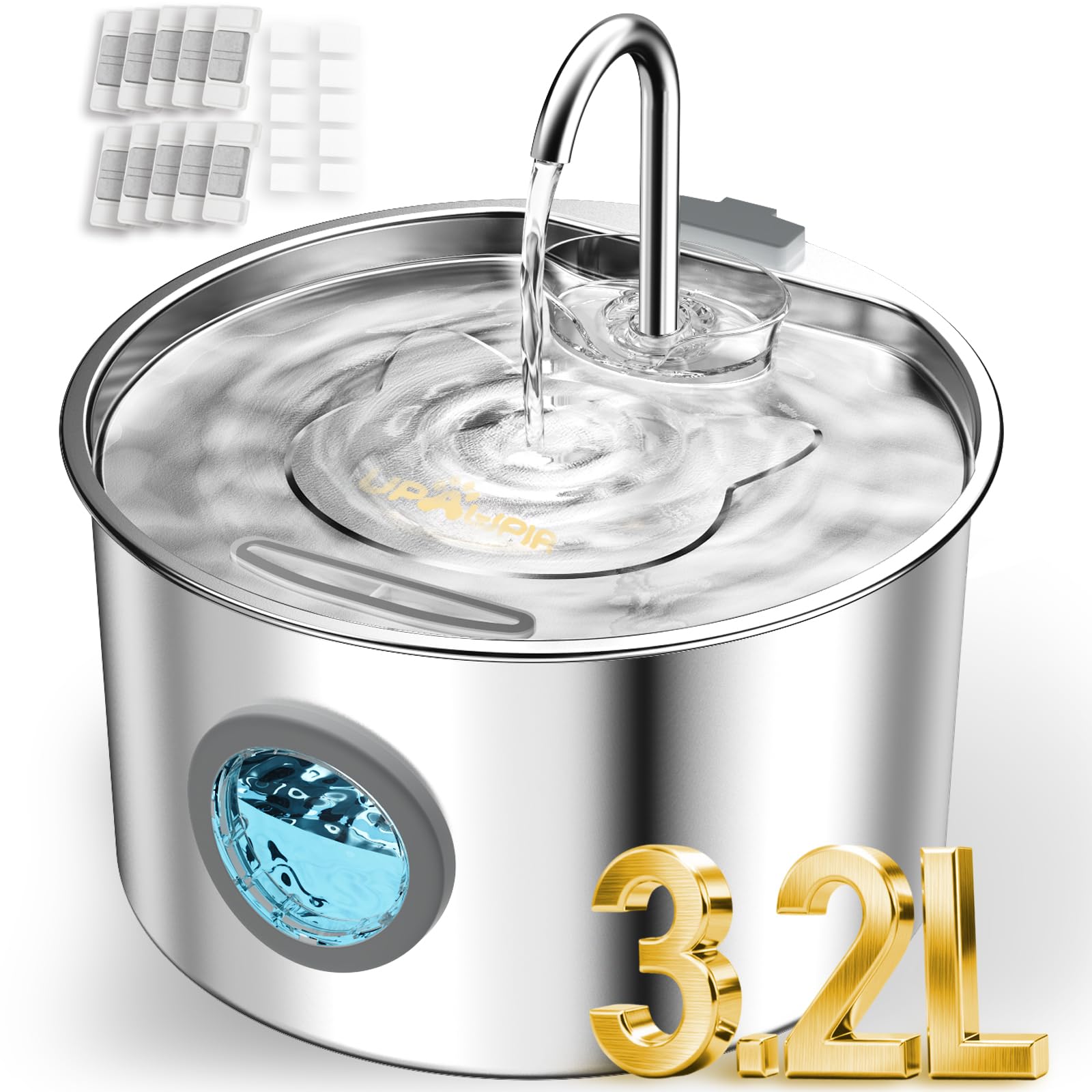 UPAWPIA 3.2L fountain top view shows compact design for easy pet hydration.