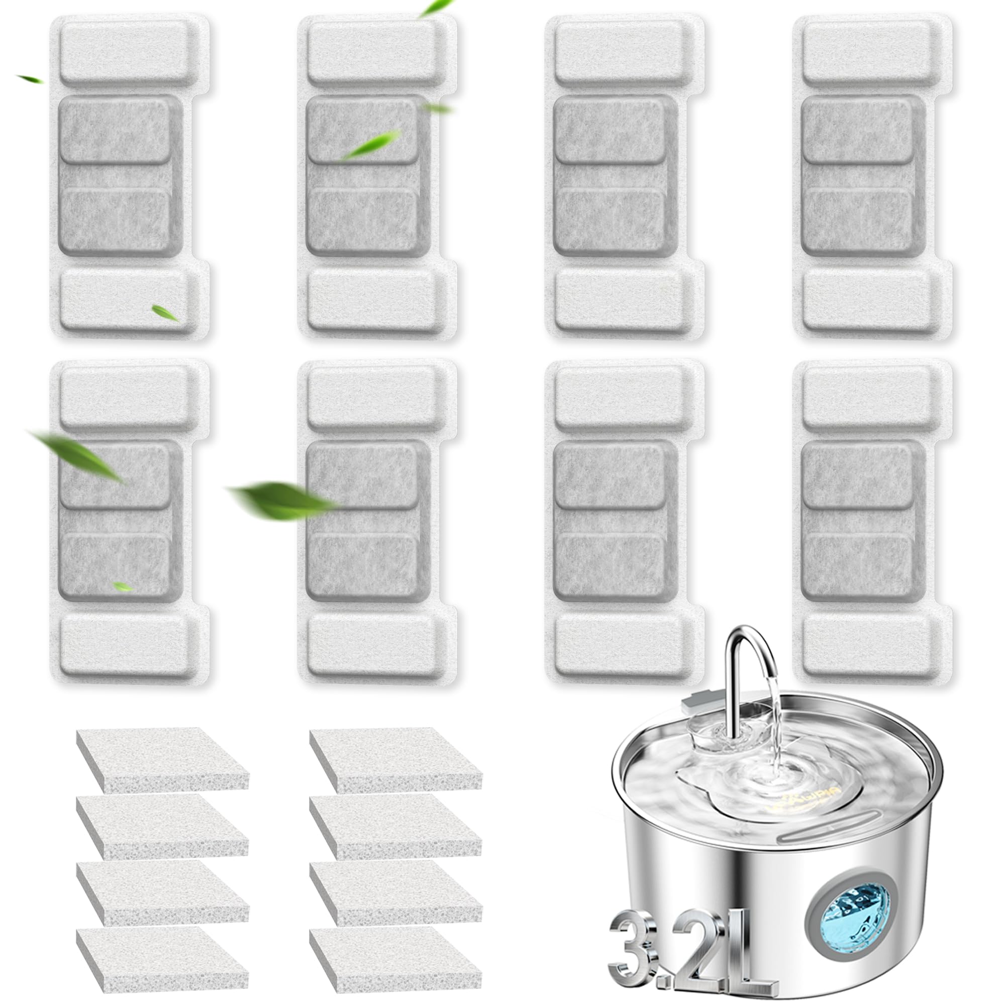 UPAWPIA cat fountain filter replacement pack shows eight filters for fresher-tasting water for pets.