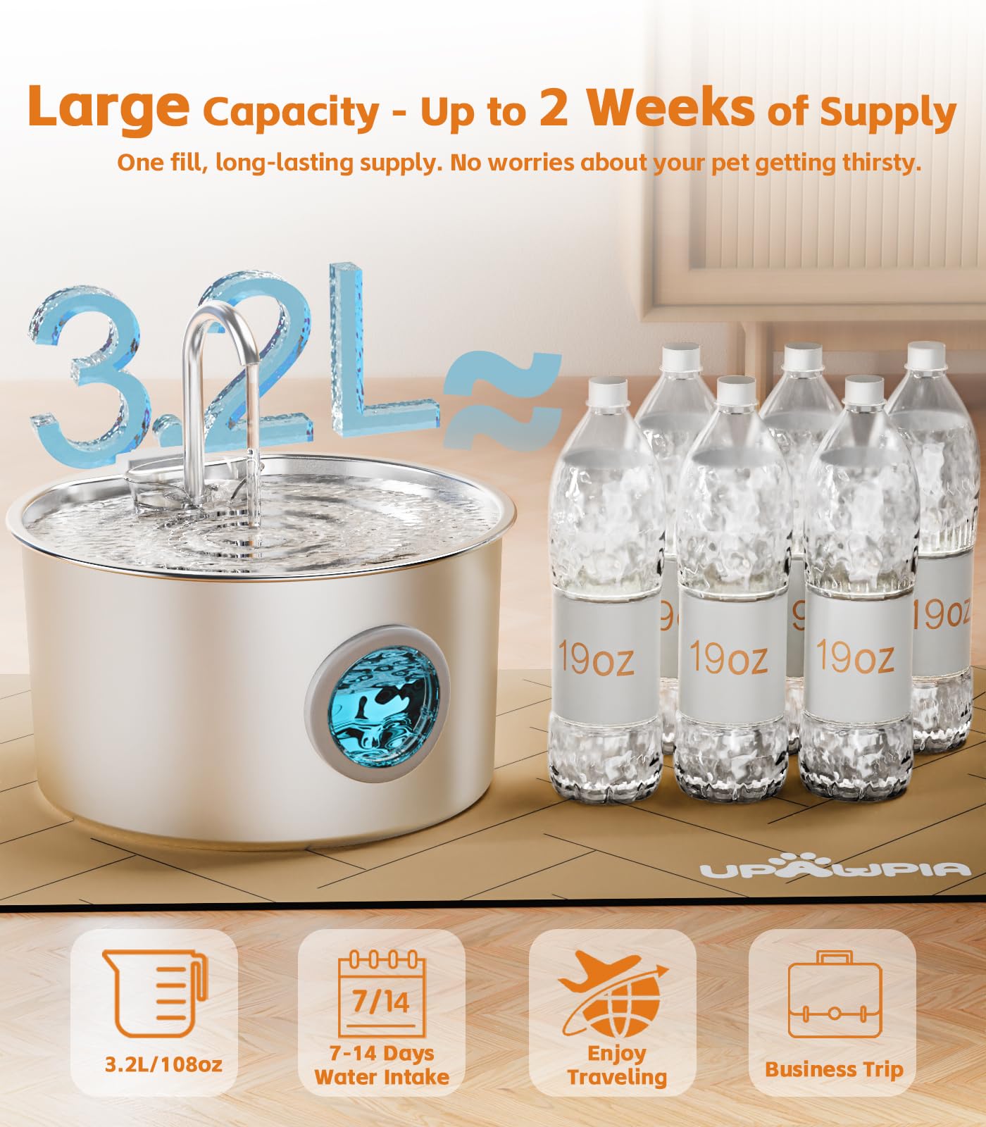 UPAWPIA 3-stage filtration reduces debris and odors inside the fountain.