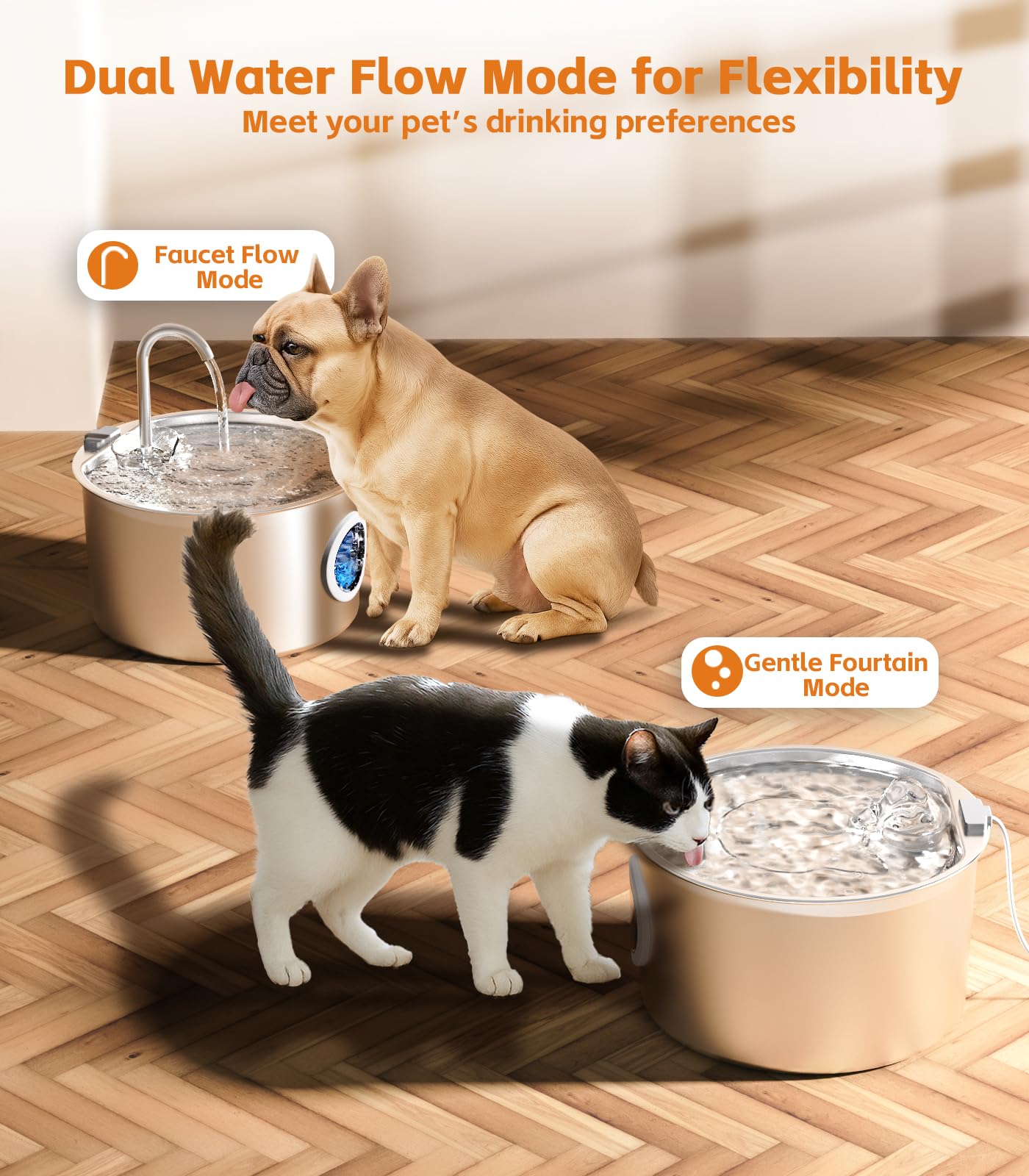 UPAWPIA dual-flow modes offering faucet stream and gentle fountain
