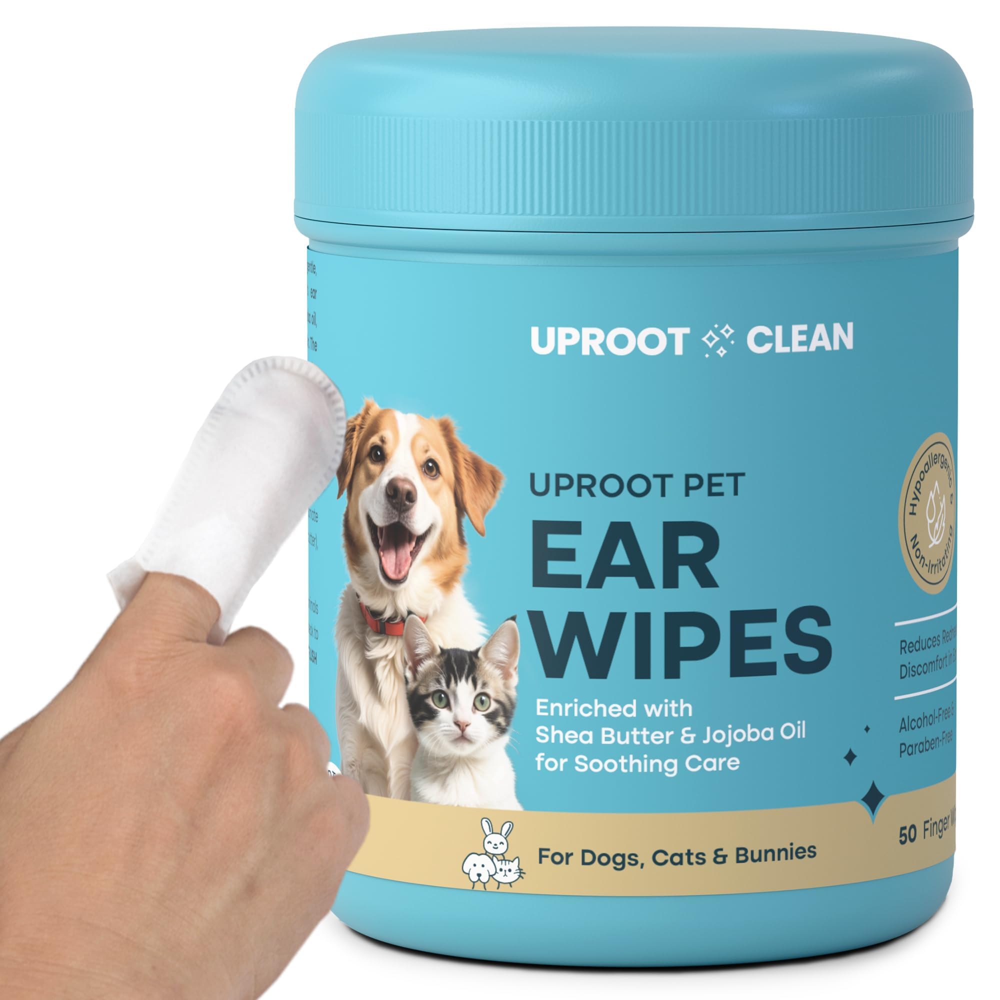 Uproot Clean finger wipes for cats and dogs remove wax and debris.