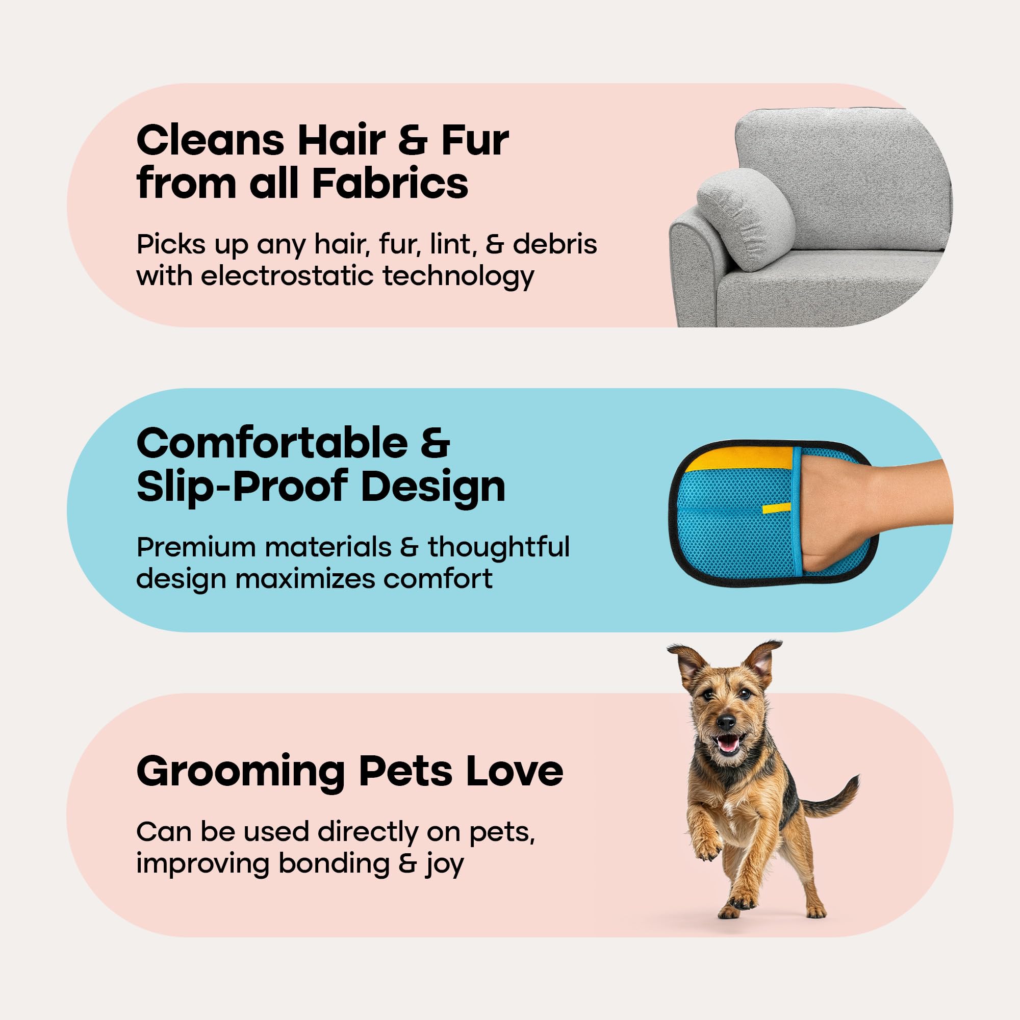 Uproot Clean glove on sofa demonstrates safe fabric cleanup.