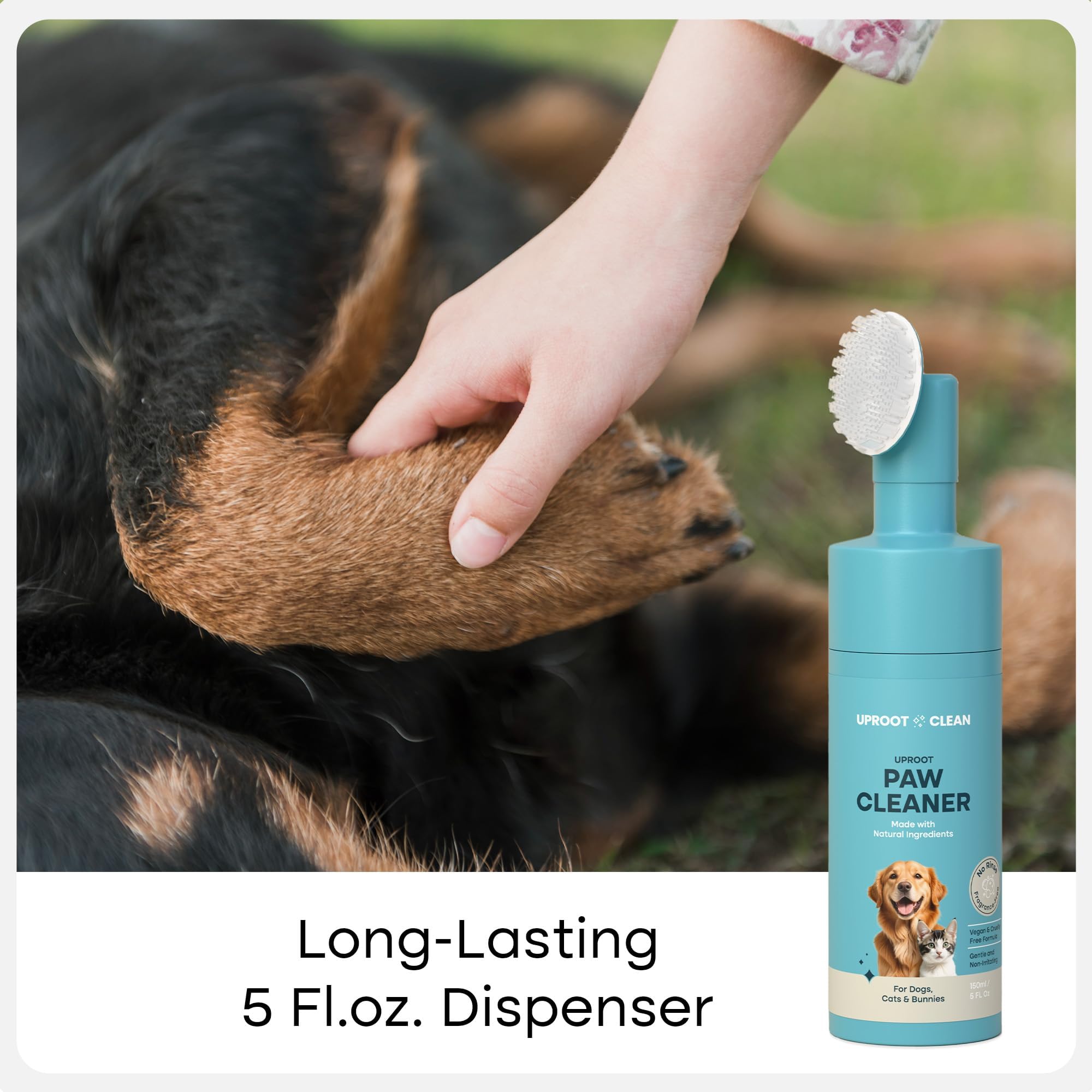 Uproot Clean paw cleaner in action scrubbing dog paws for a quick cleanup.
