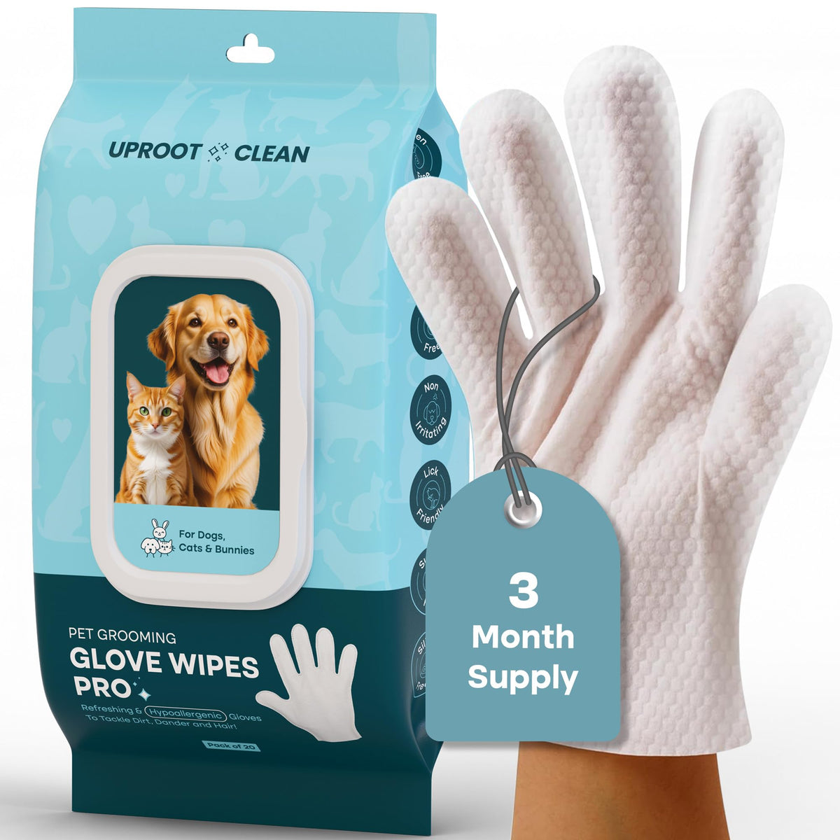 Uproot Clean QuickClean Gloves Pro wipe paws and coat for quick odor removal.