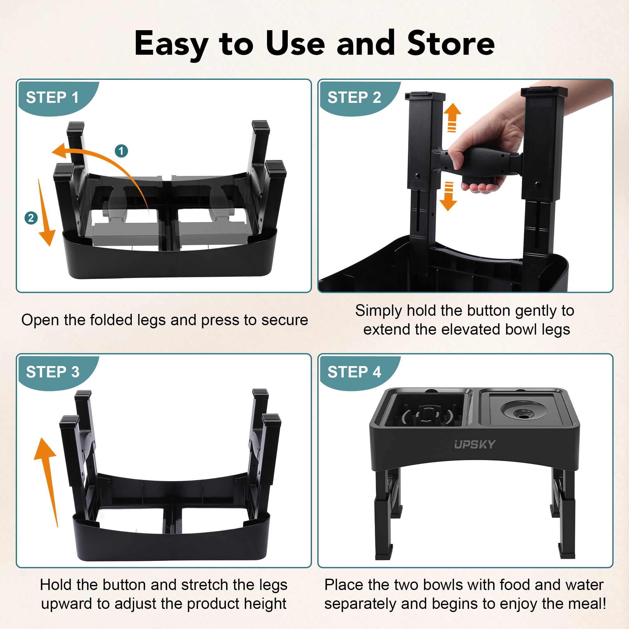 UPSKY adjustable-height stand grows with your dog over time.