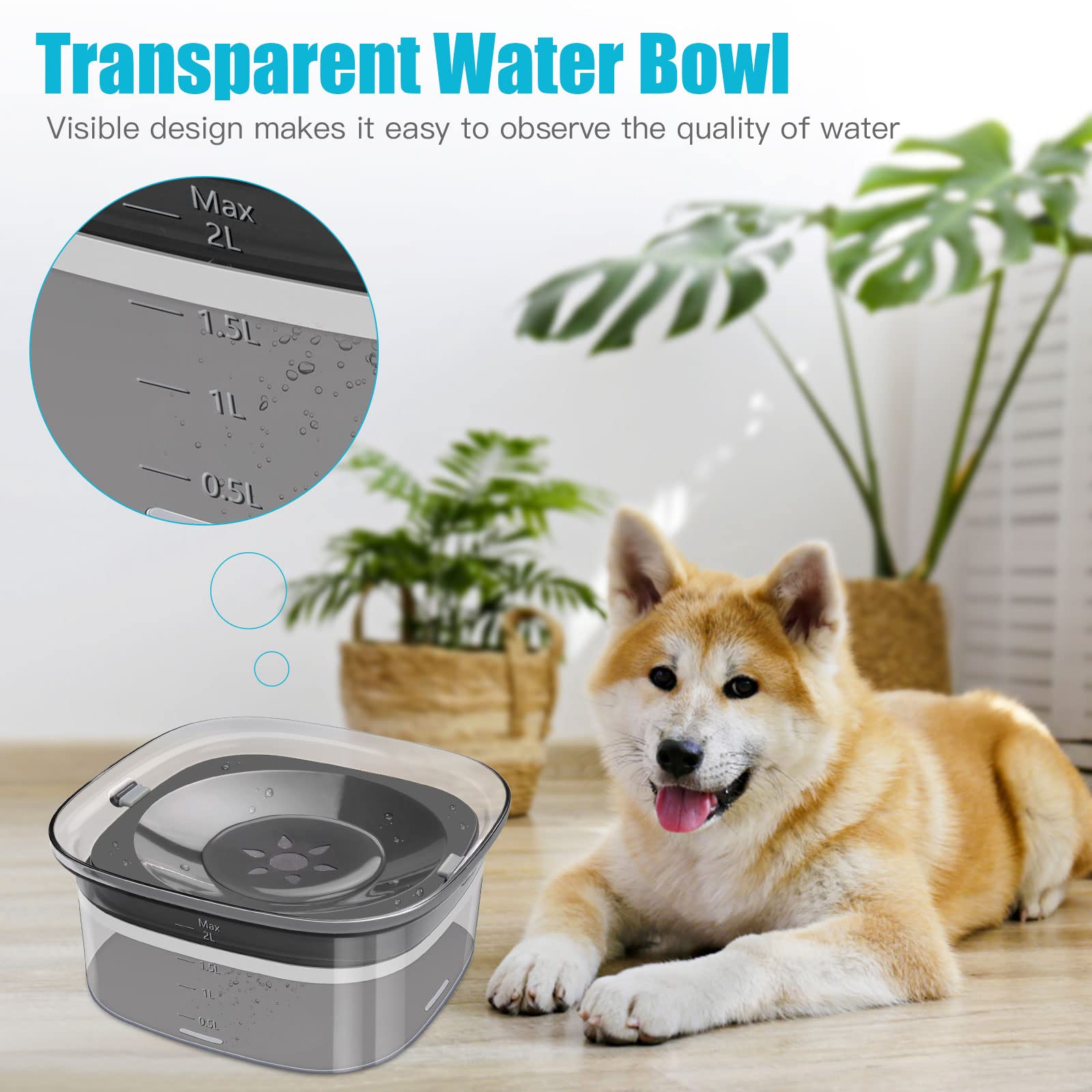 UPSKY diaphanous water bowl with transparent sides for water level checks.
