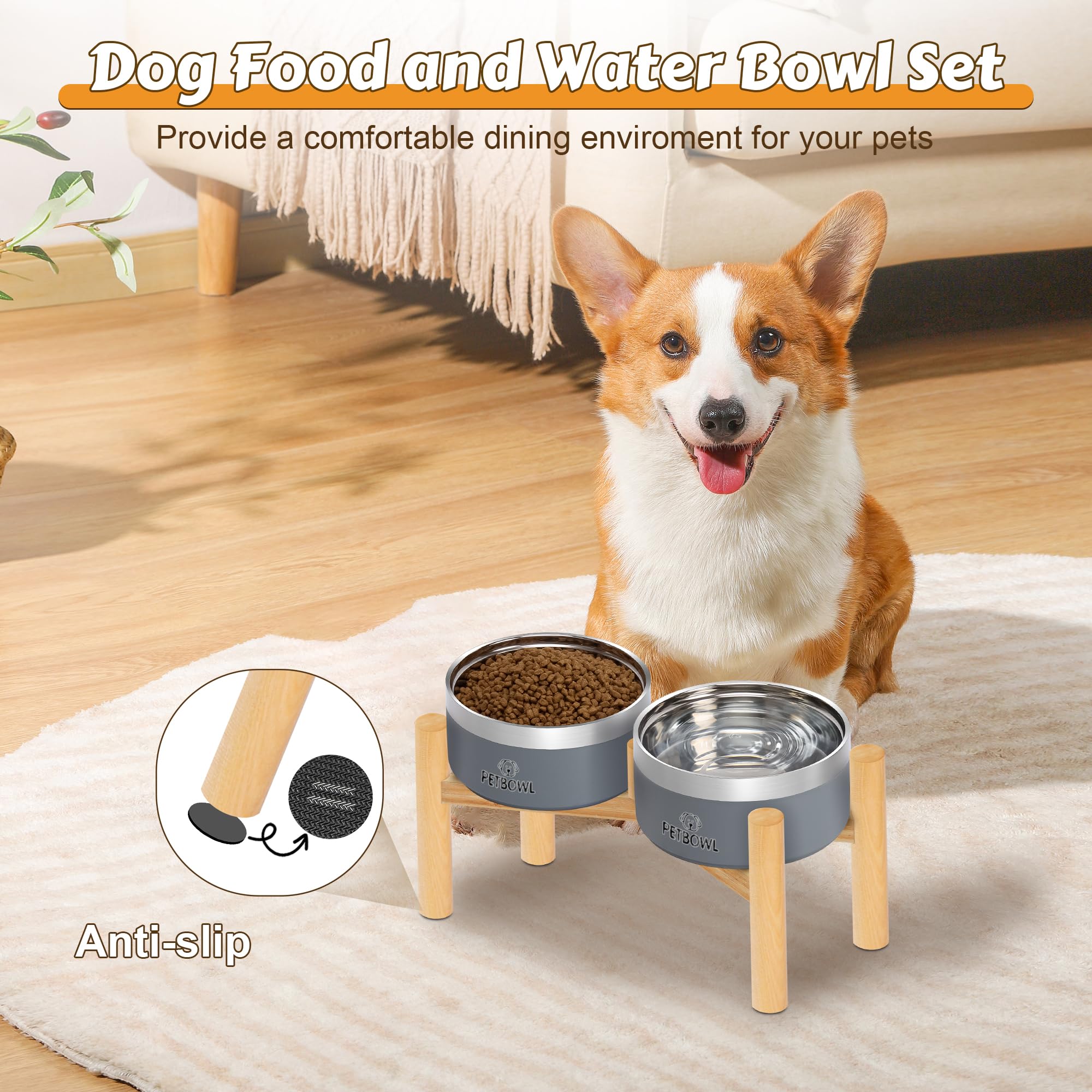 Upsky elevated dog bowls on wooden stand in a cozy home setting
