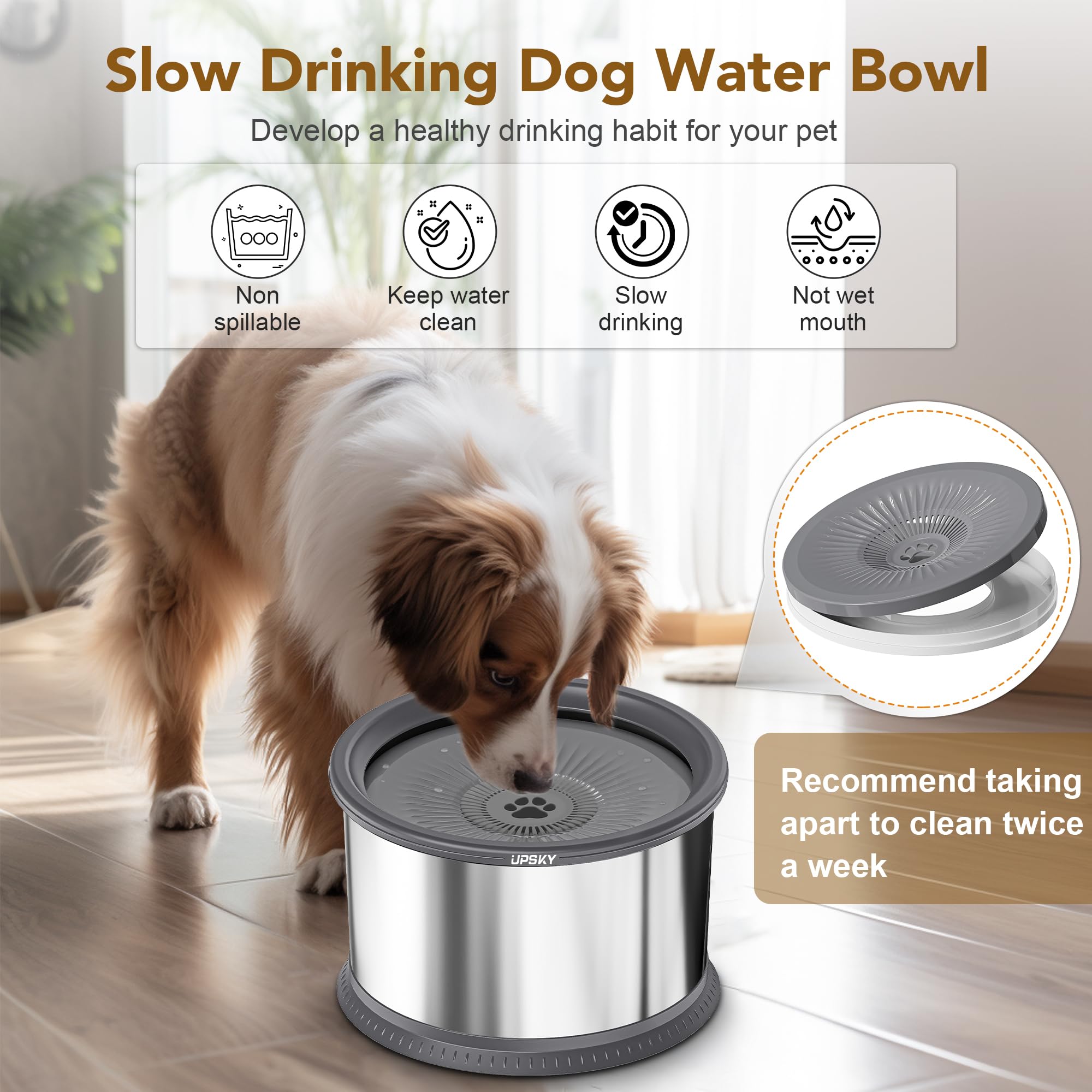 UPSKY floating disk slows drinking to prevent rapid gulps and mess.