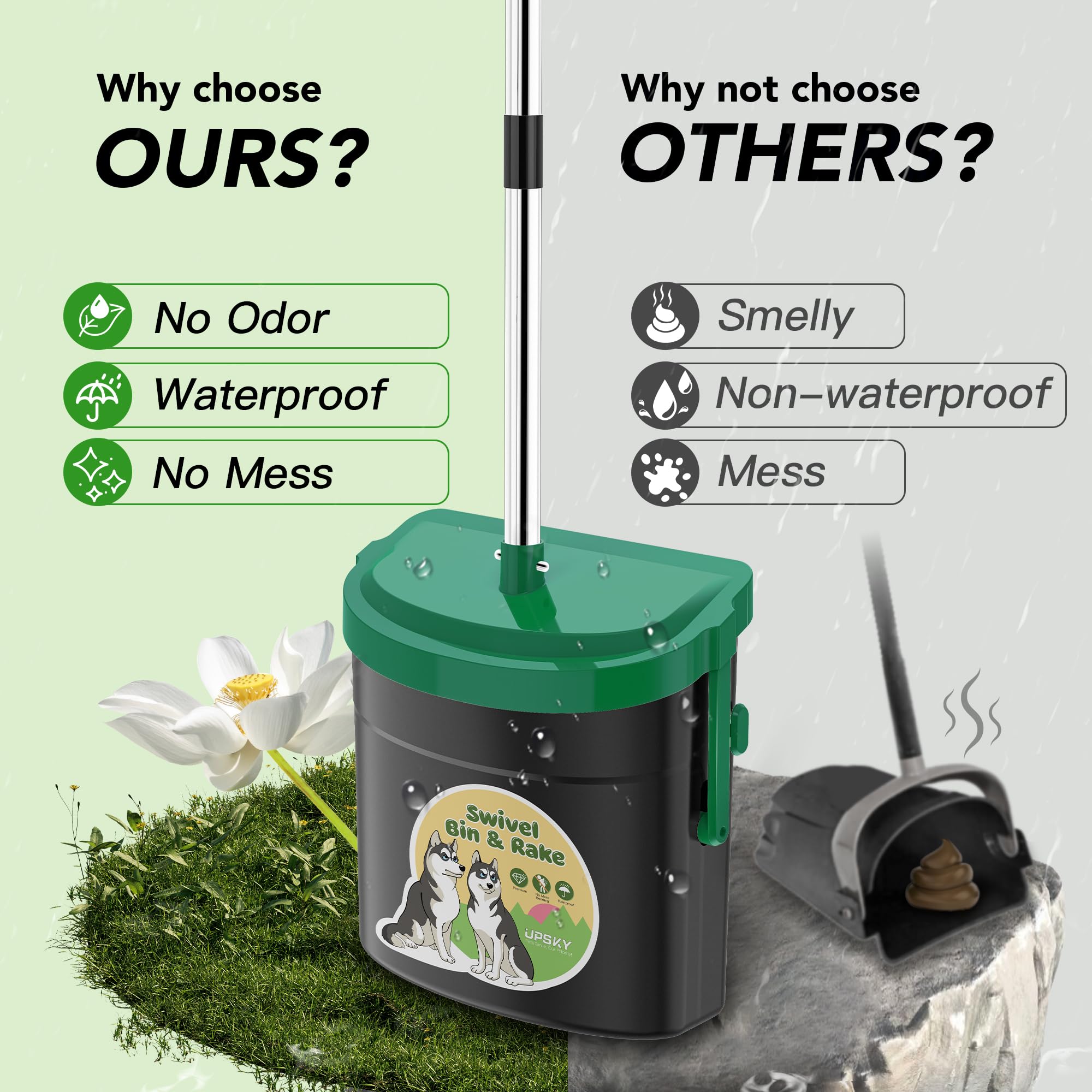 UPSKY odor-proof lid helps minimize yard smells after waste collection