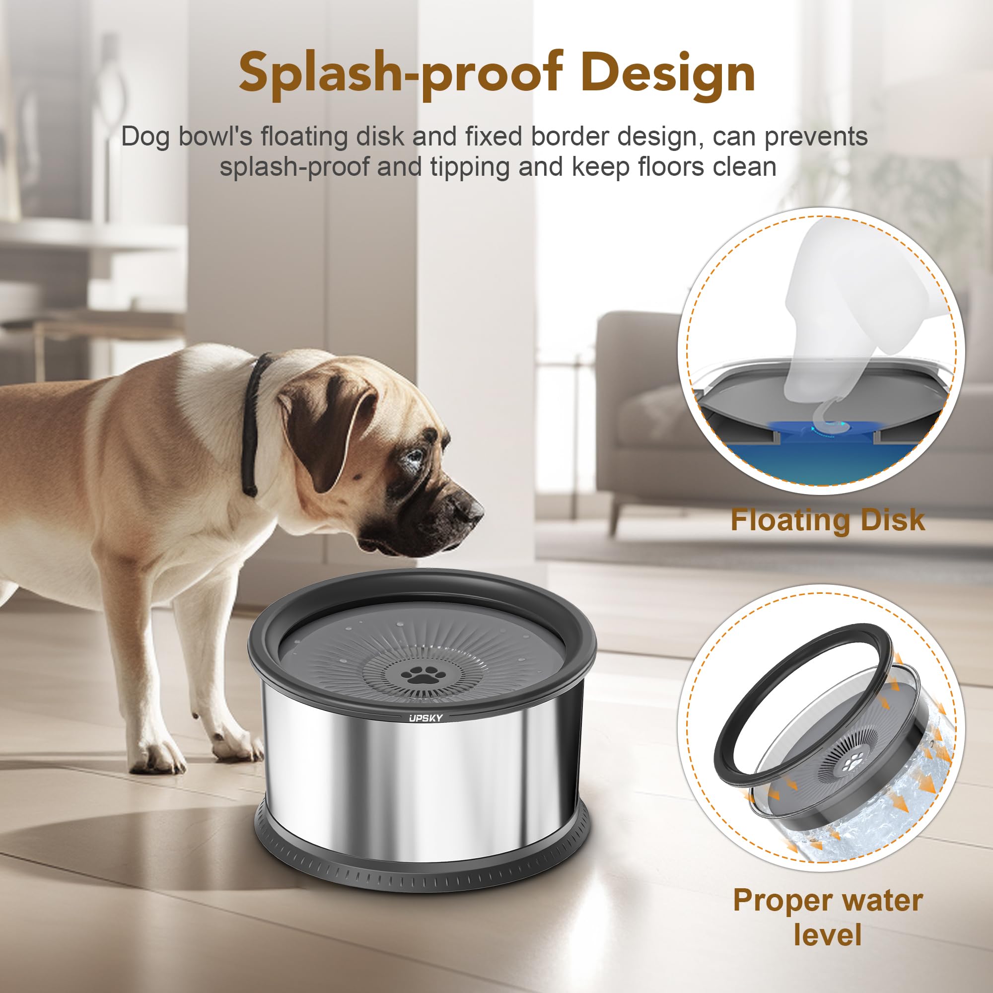 UPSKY slow-drinking dog water bowl promotes calmer drinking behavior.