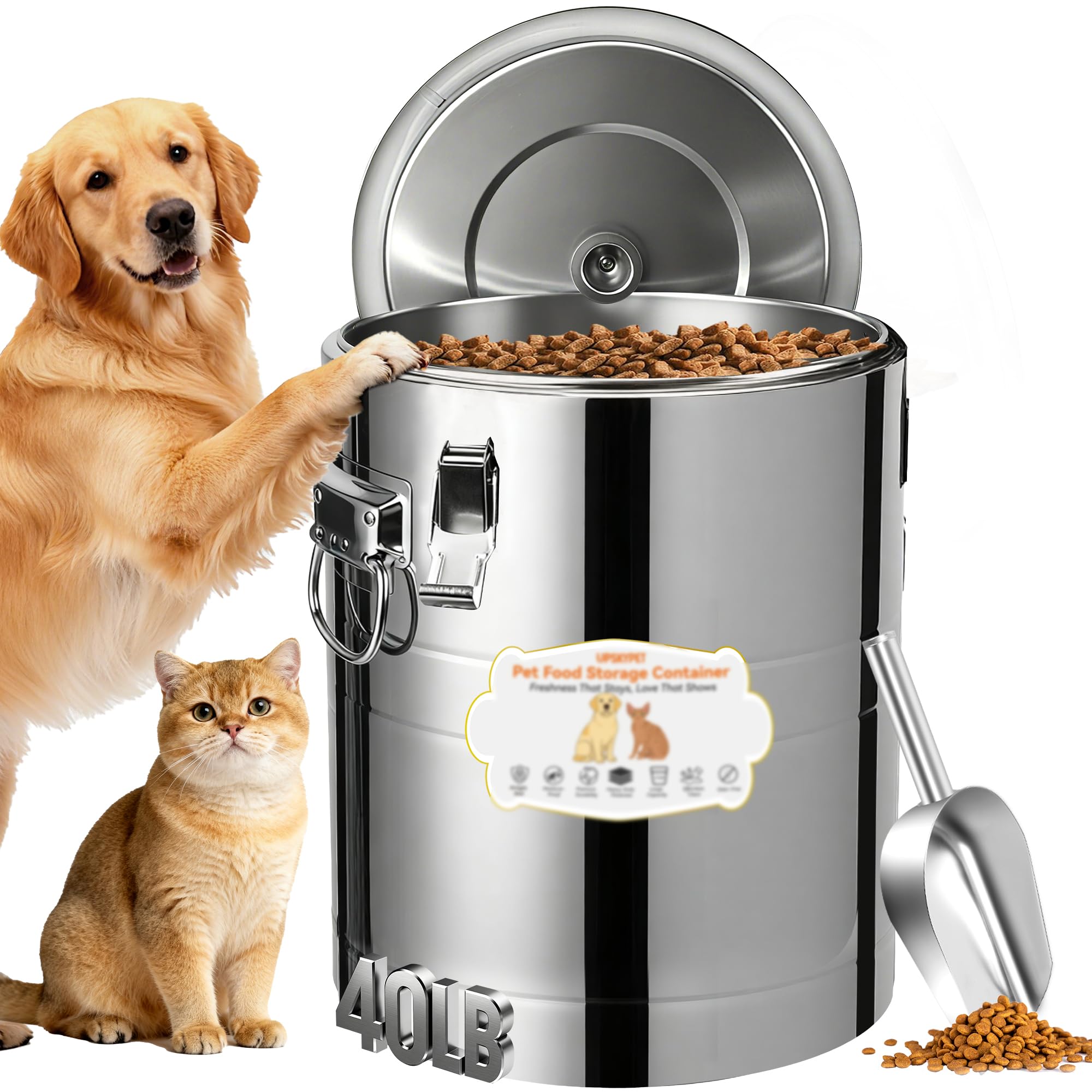 UPSKYPET 40lb container viewed from the front showing sturdy storage for dry pet food