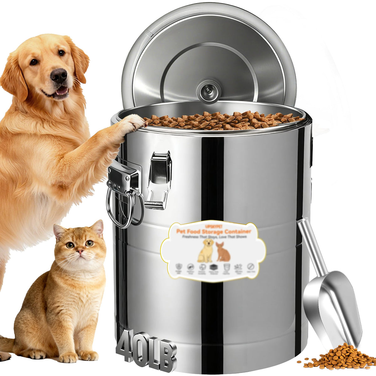 UPSKYPET 40lb container viewed from the front showing sturdy storage for dry pet food