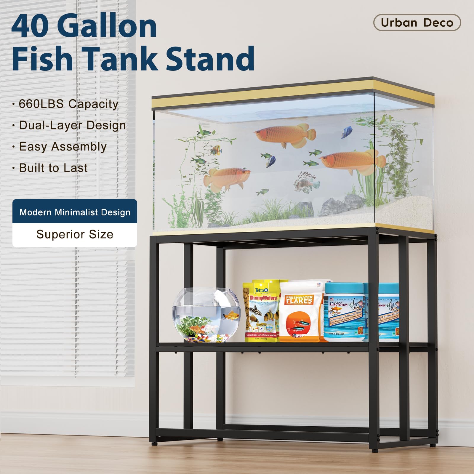 Urban Deco dual-layer stand side view showing extra storage space