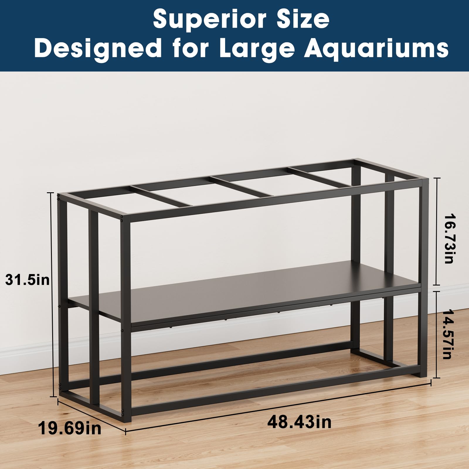 Urban Deco dual-layer stand design providing upper tank area and lower storage shelf