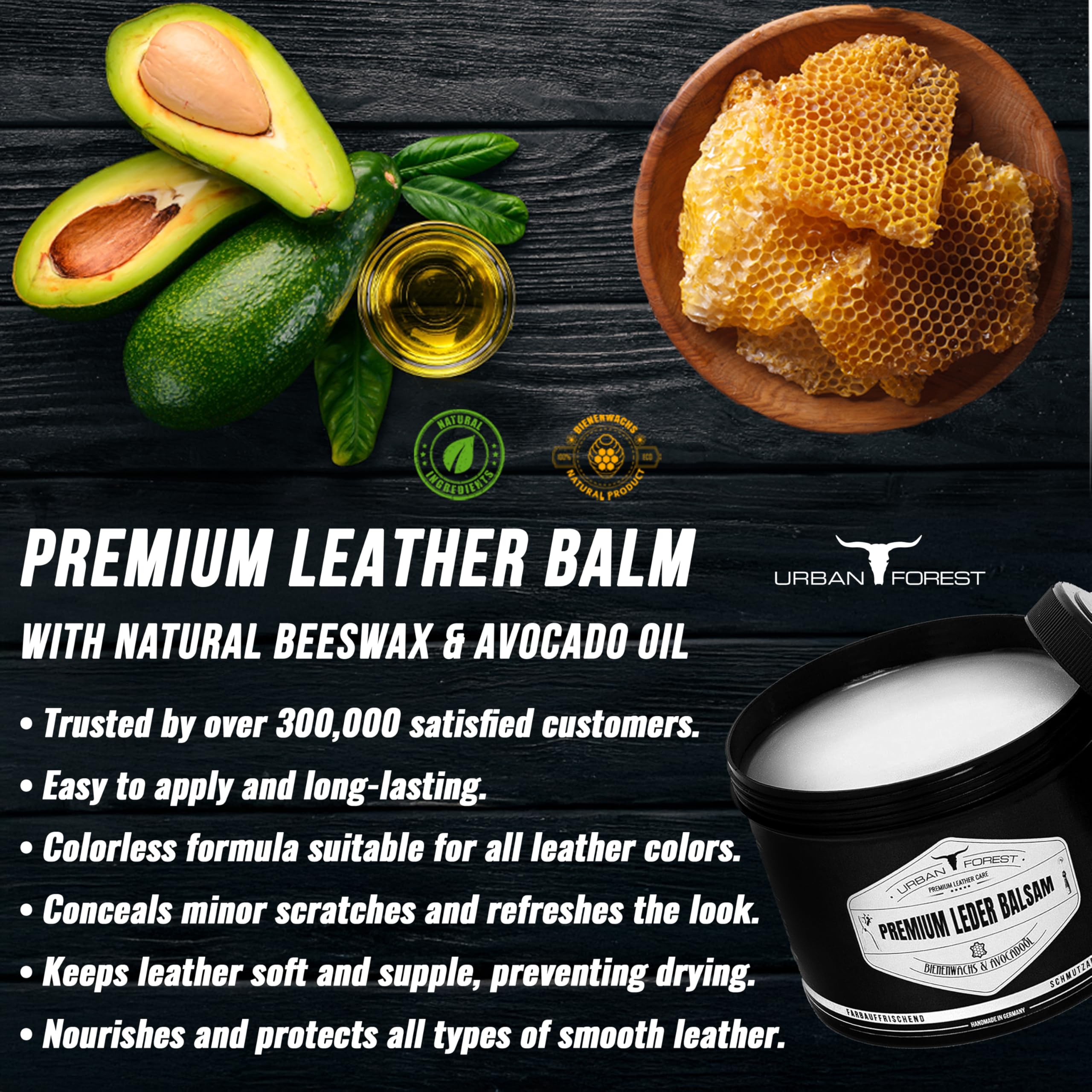 URBAN FOREST Leather Balm beeswax pieces indicate natural protection for leather.