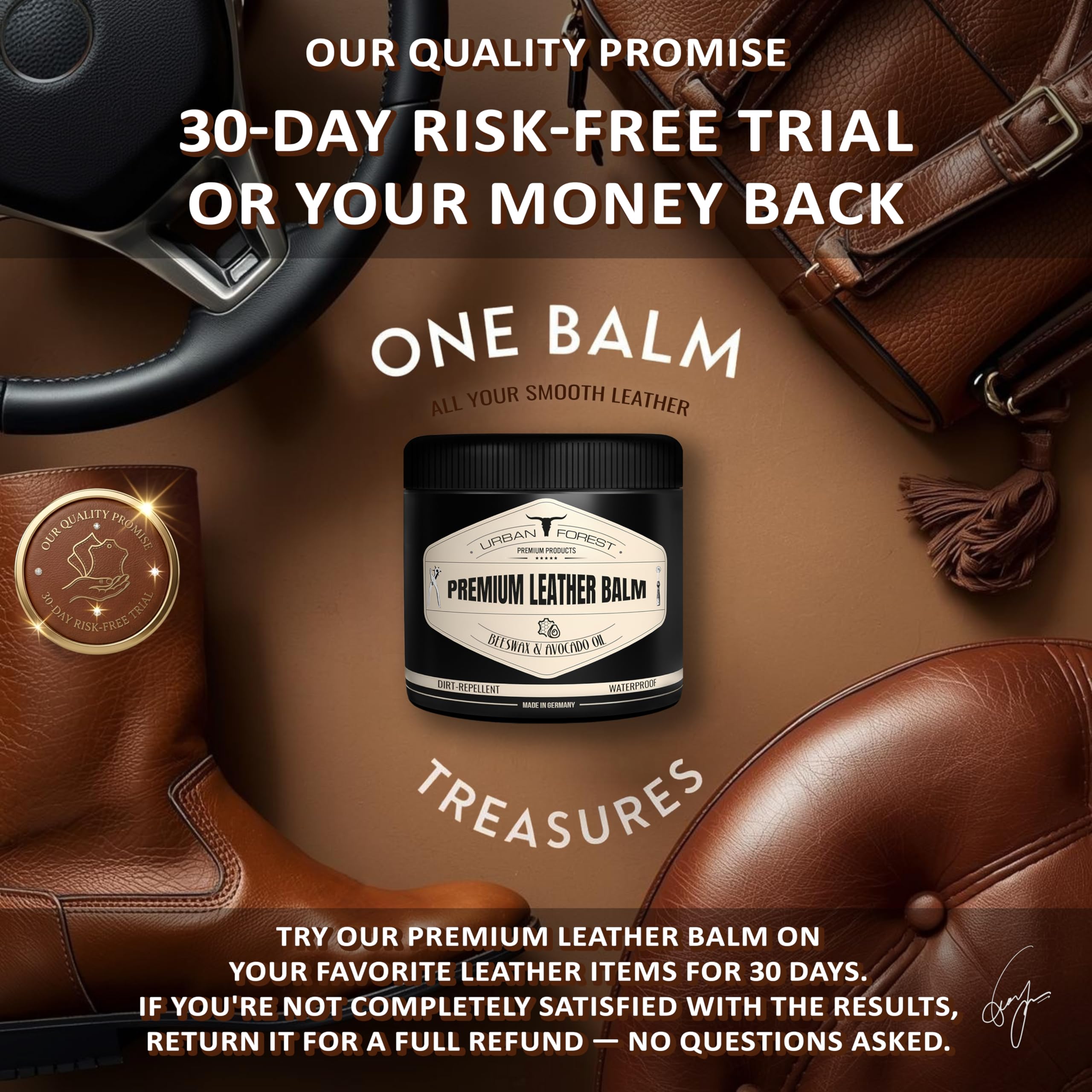 URBAN FOREST Leather Balm on texture close-up shows natural care.