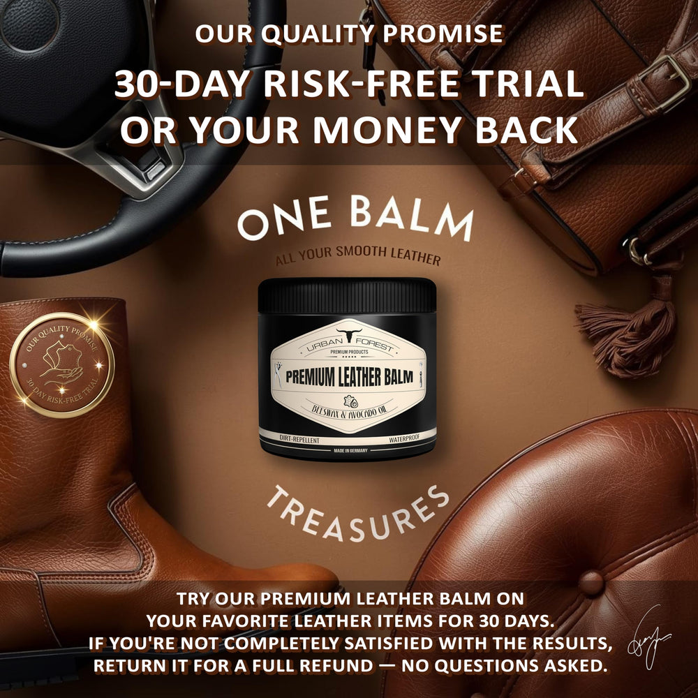 URBAN FOREST Leather Balm on texture close-up shows natural care.
