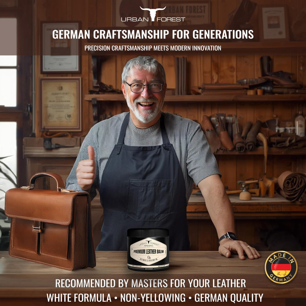 URBAN FOREST Leather Balm packaging shows Made in Germany quality.