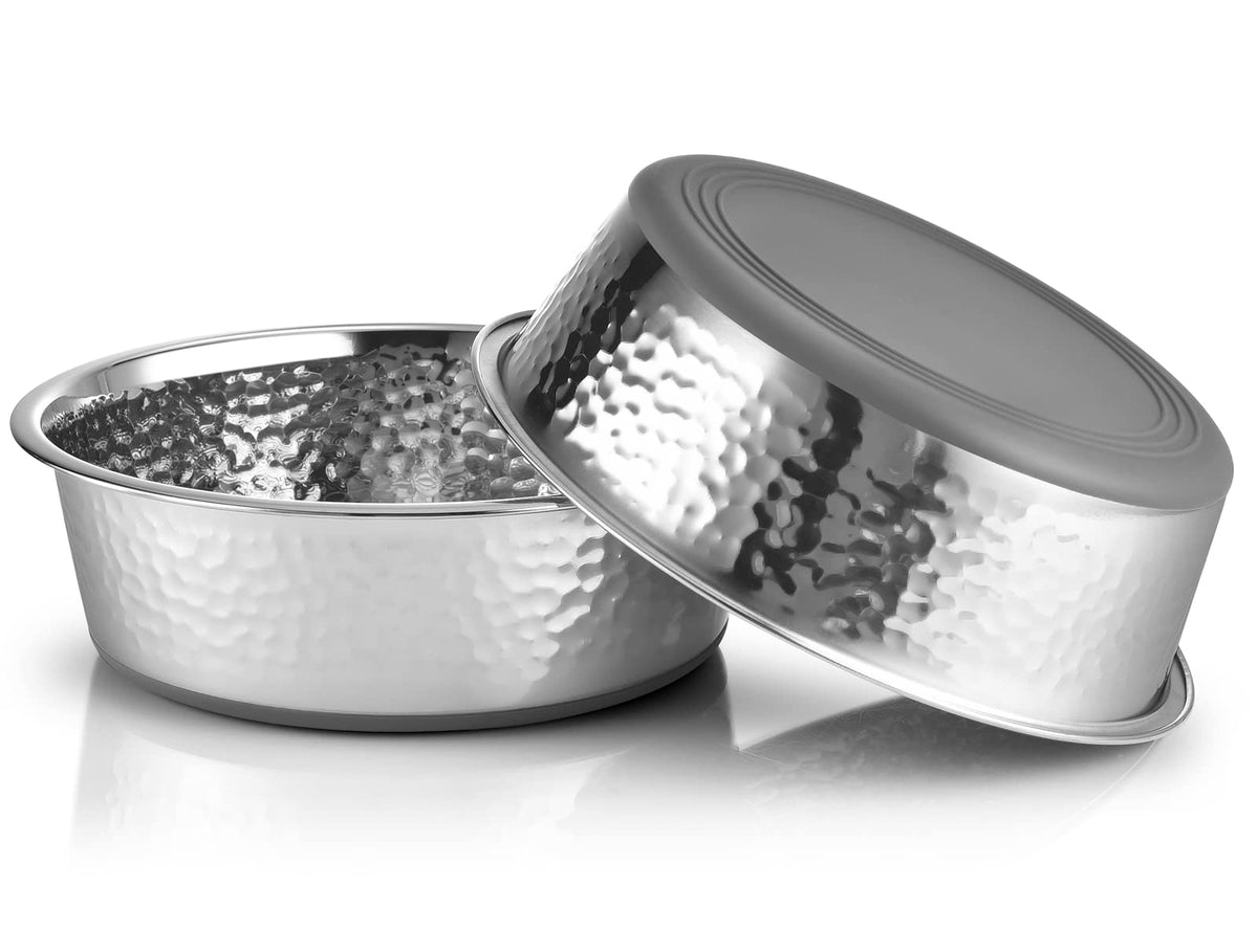 URBUDDIES hammered stainless steel dog bowls help prevent whisker contact during meals.
