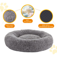 URGVANZ PET faux fur round bed with plush surface enhances comfort for sleep.