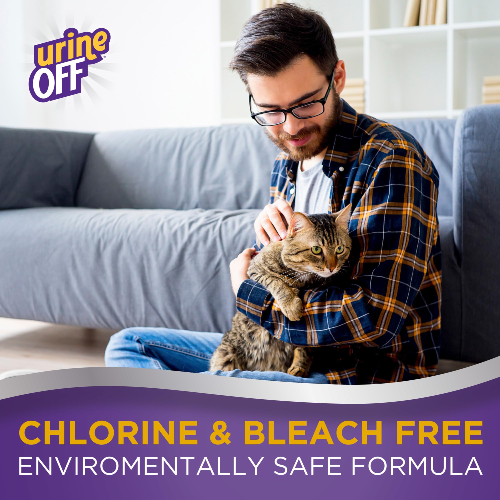 Urine Off cleaner on wood or tile shows versatile multi-surface use.