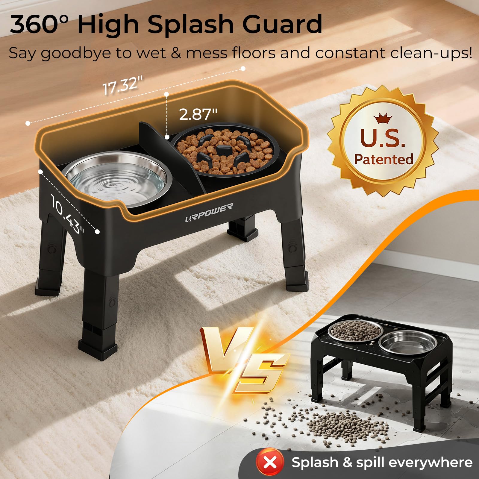 URPOWER 360° splash guard raises bowls for neater feeding spaces.
