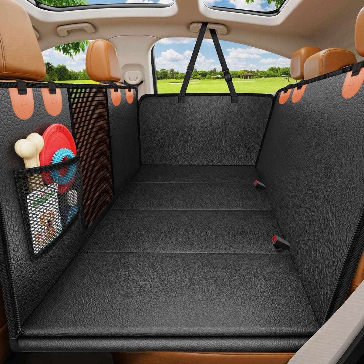 URPOWER backseat extender with hard bottom keeps dogs secure and space organized during rides
