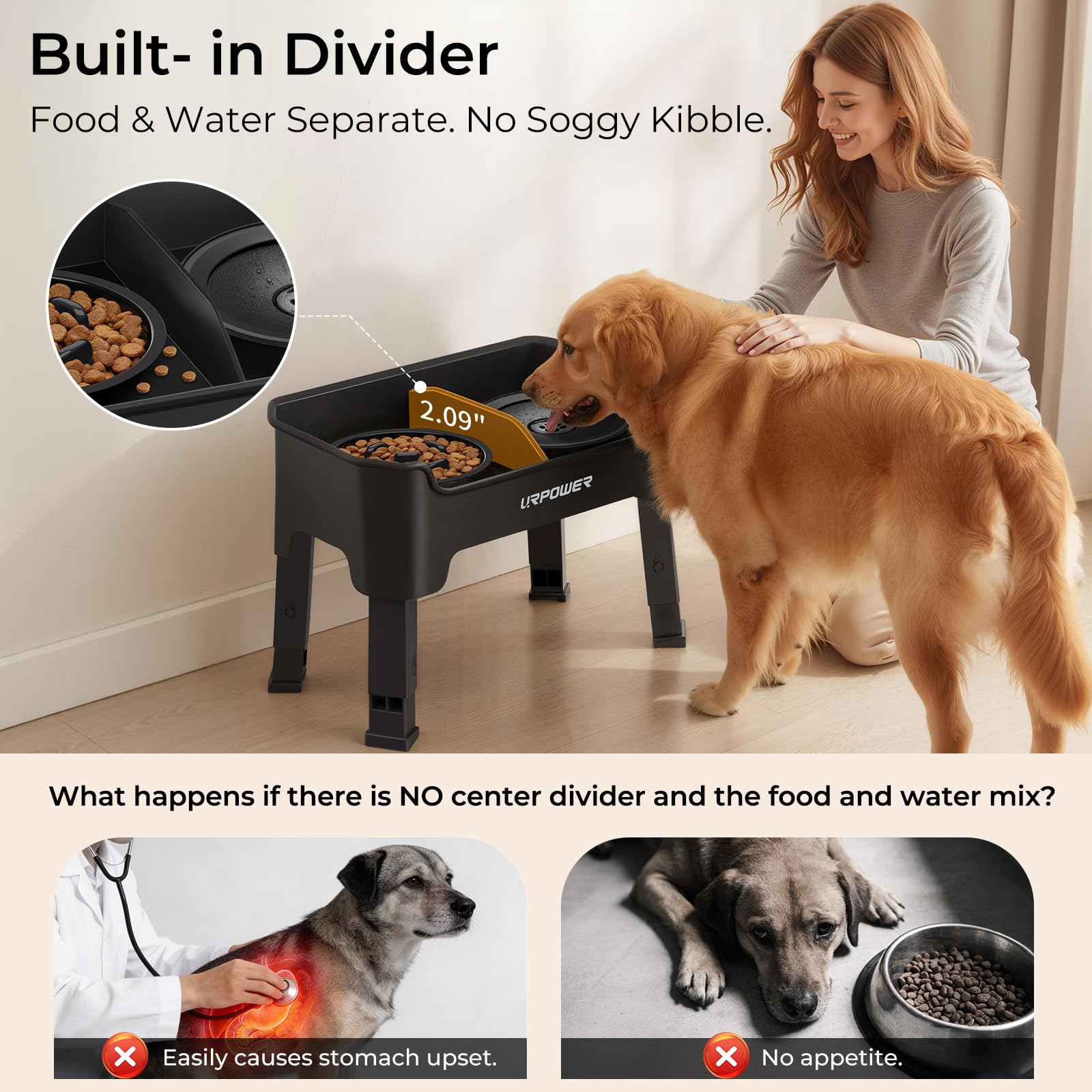 URPOWER center divider prevents soggy kibble by separating food and water.