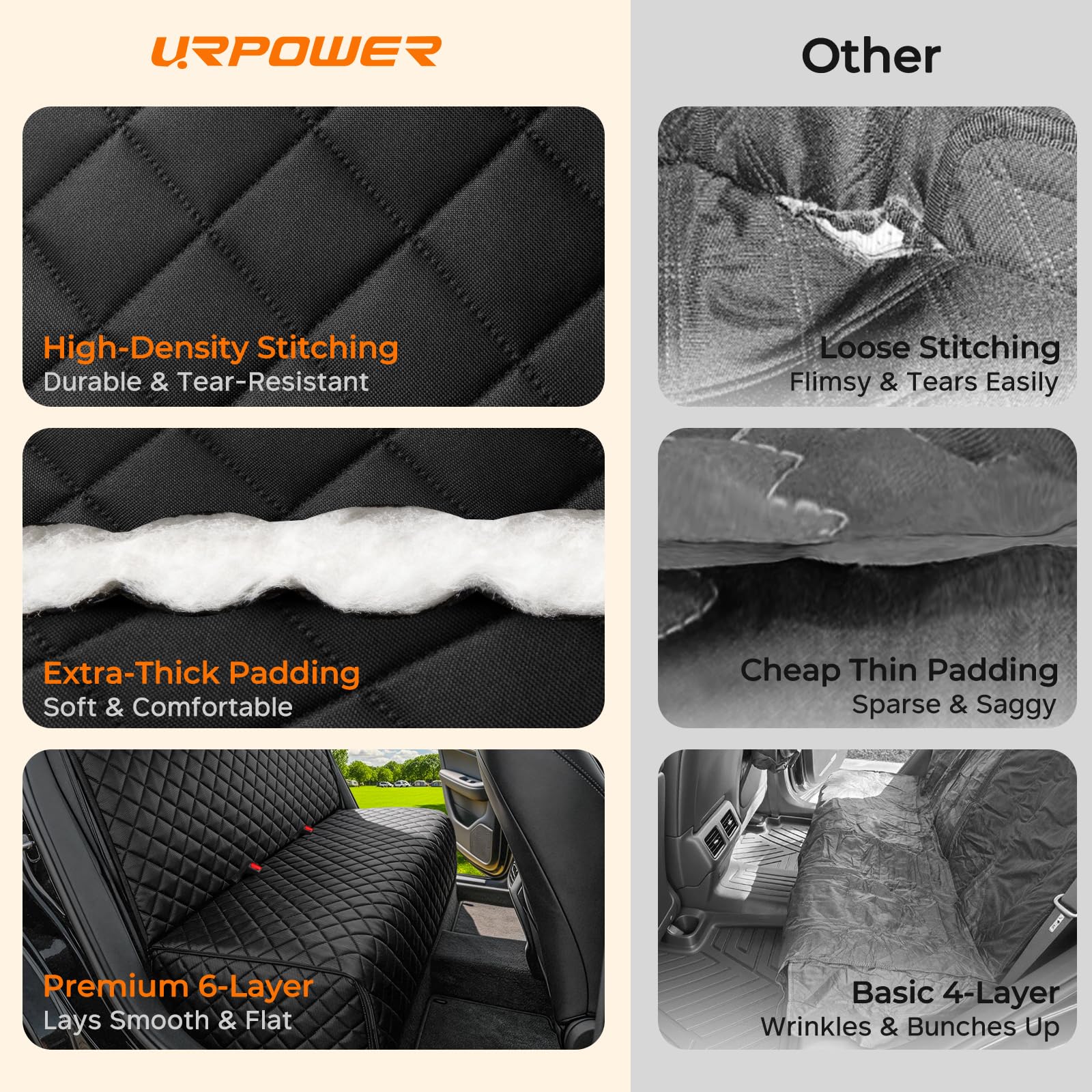 URPOWER waterproof dog seat cover cleans quickly with damp cloth or vacuum.