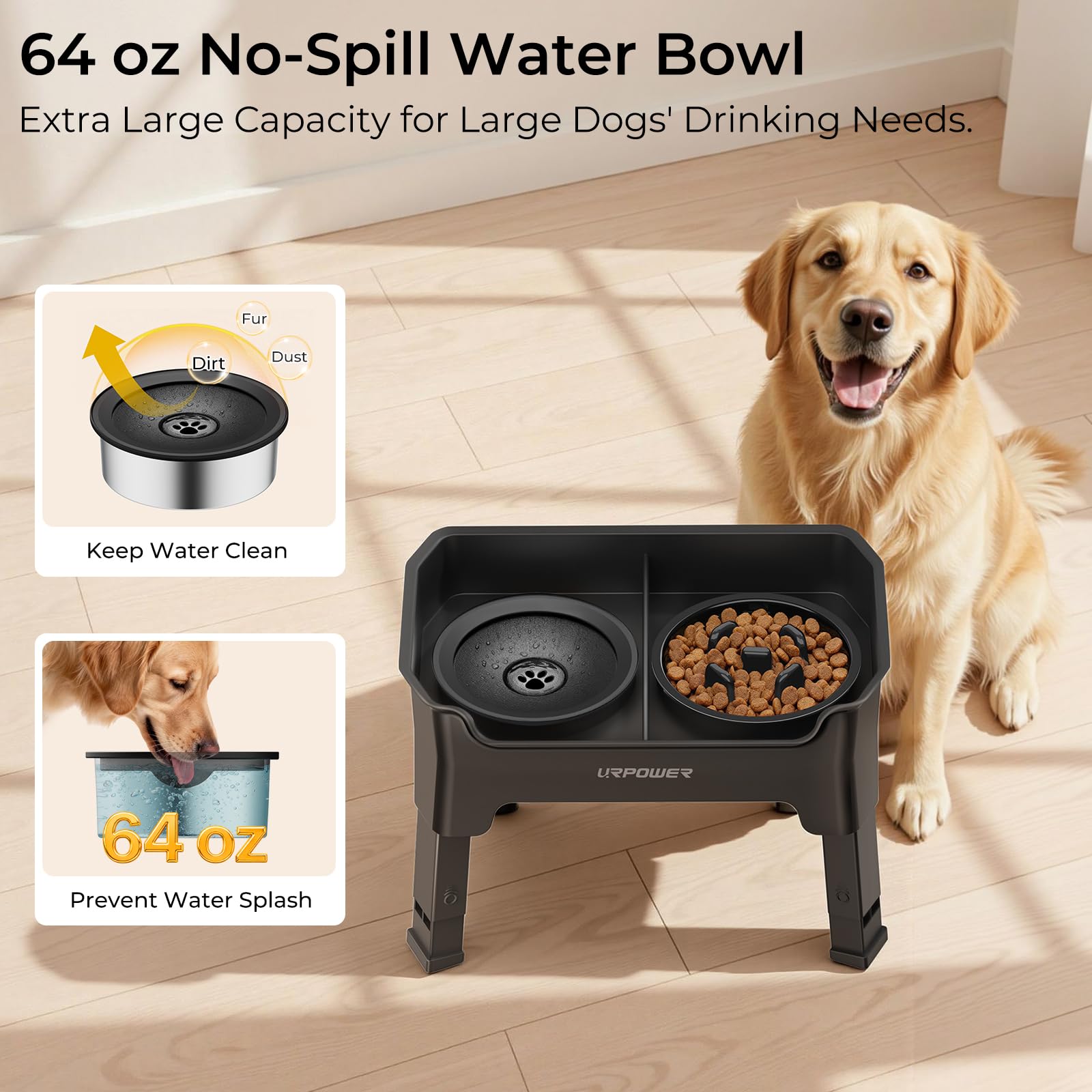 URPOWER no-spill water bowl with floating disk slows drinking and keeps fur dry.