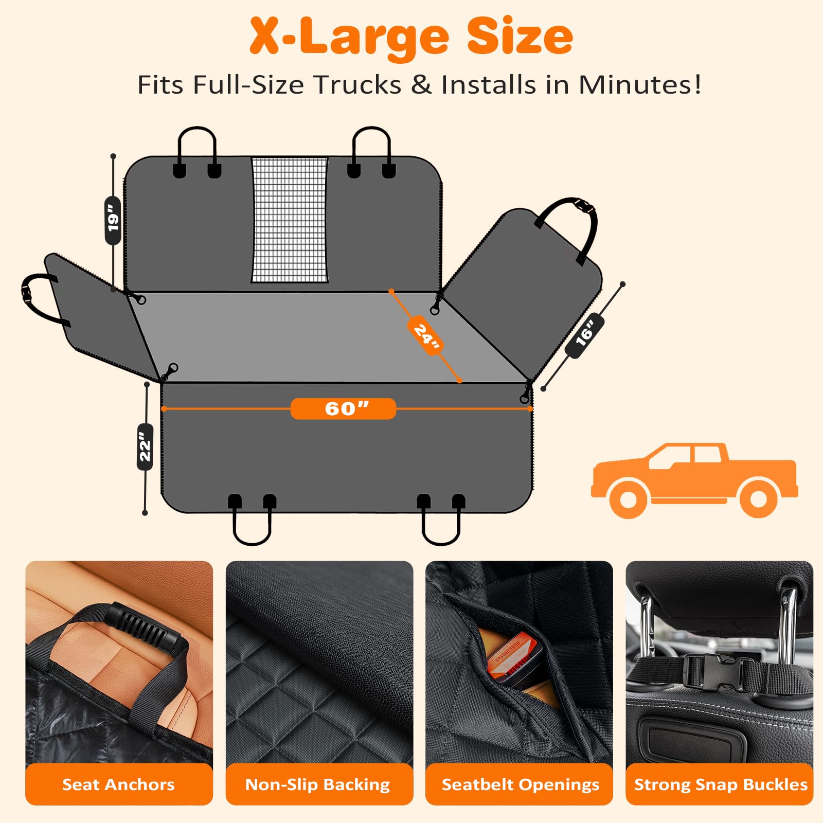 URPOWER seat anchors and non-slip backing keep the cover in place.