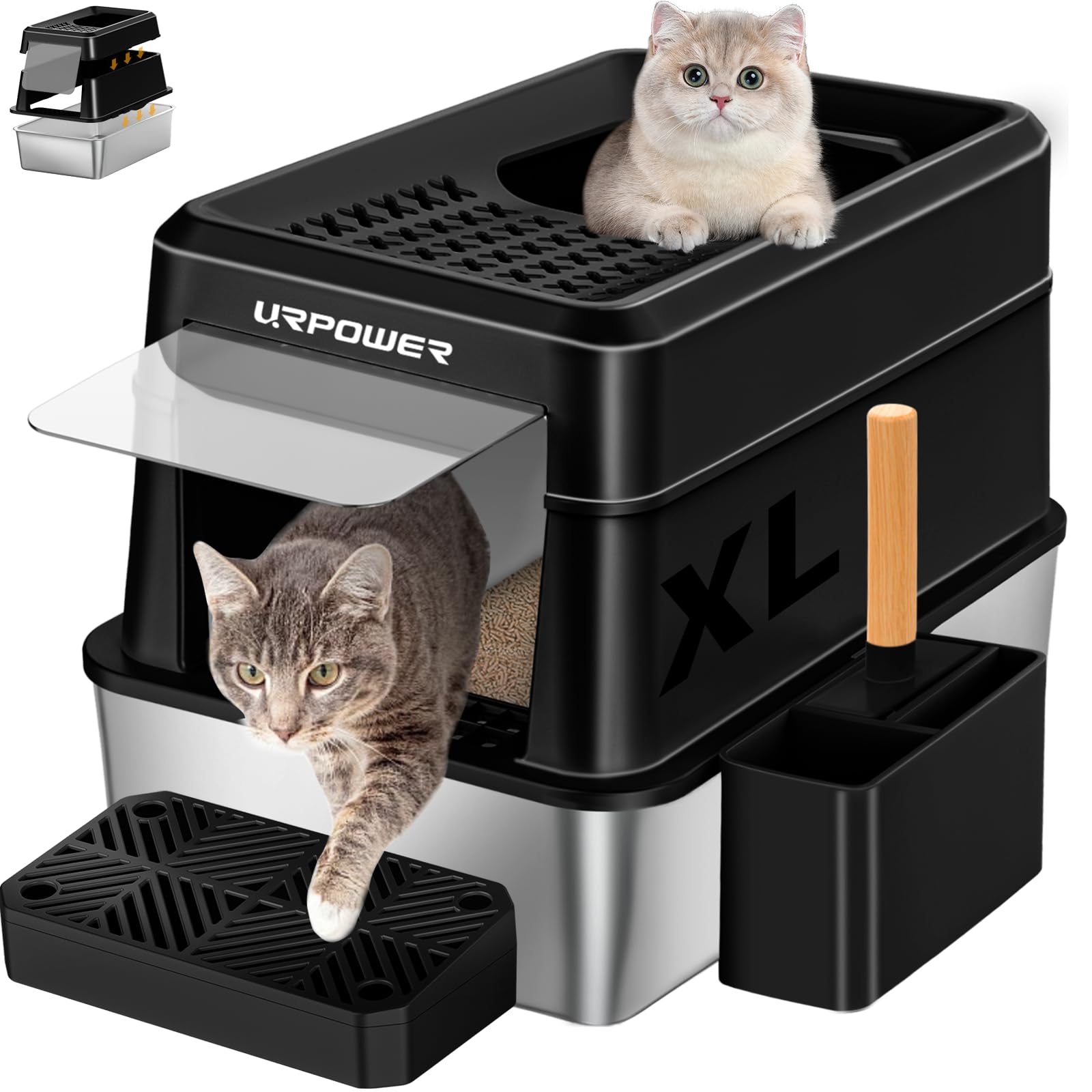 URPOWER stainless-steel cat litter box with lid, easy to clean and odor-free.
