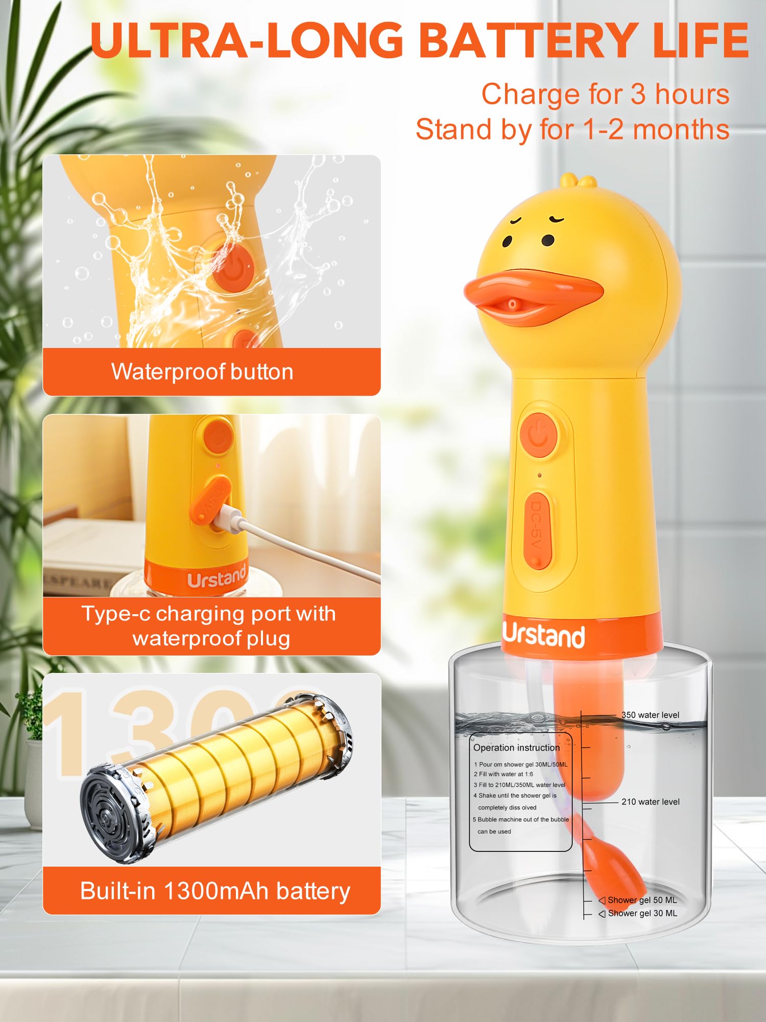 Urstand ducky shampoo sprayer foam release showing luxurious lather at bath time