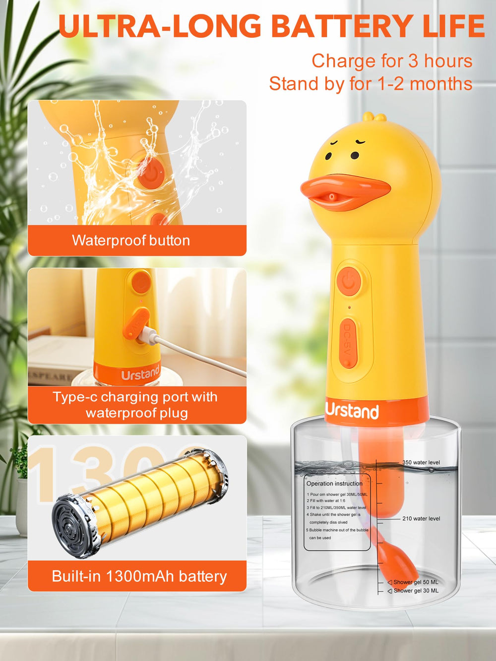 Urstand ducky shampoo sprayer foam release showing luxurious lather at bath time