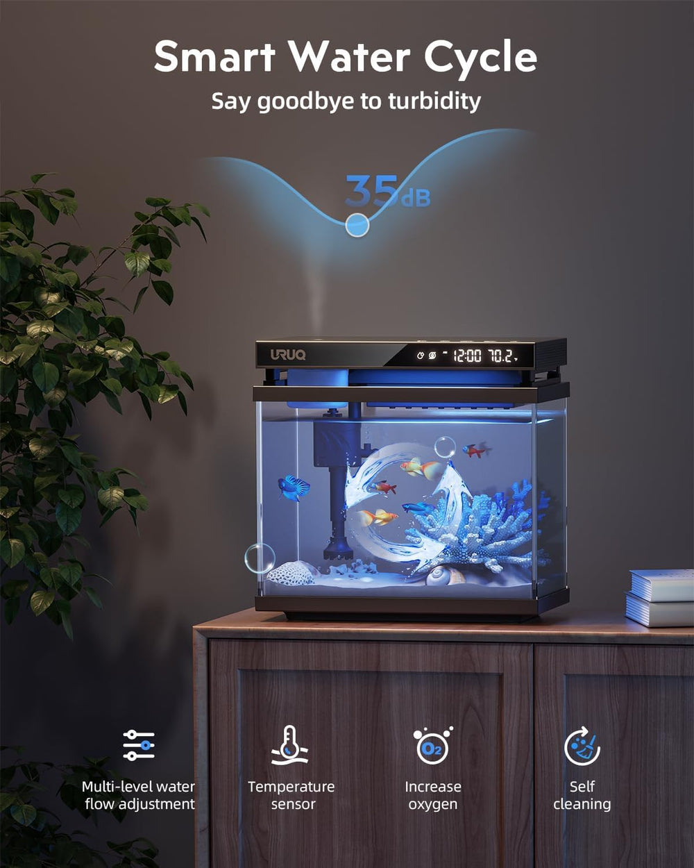 URUQ aroma diffuser releases gentle mist for calming room ambiance.