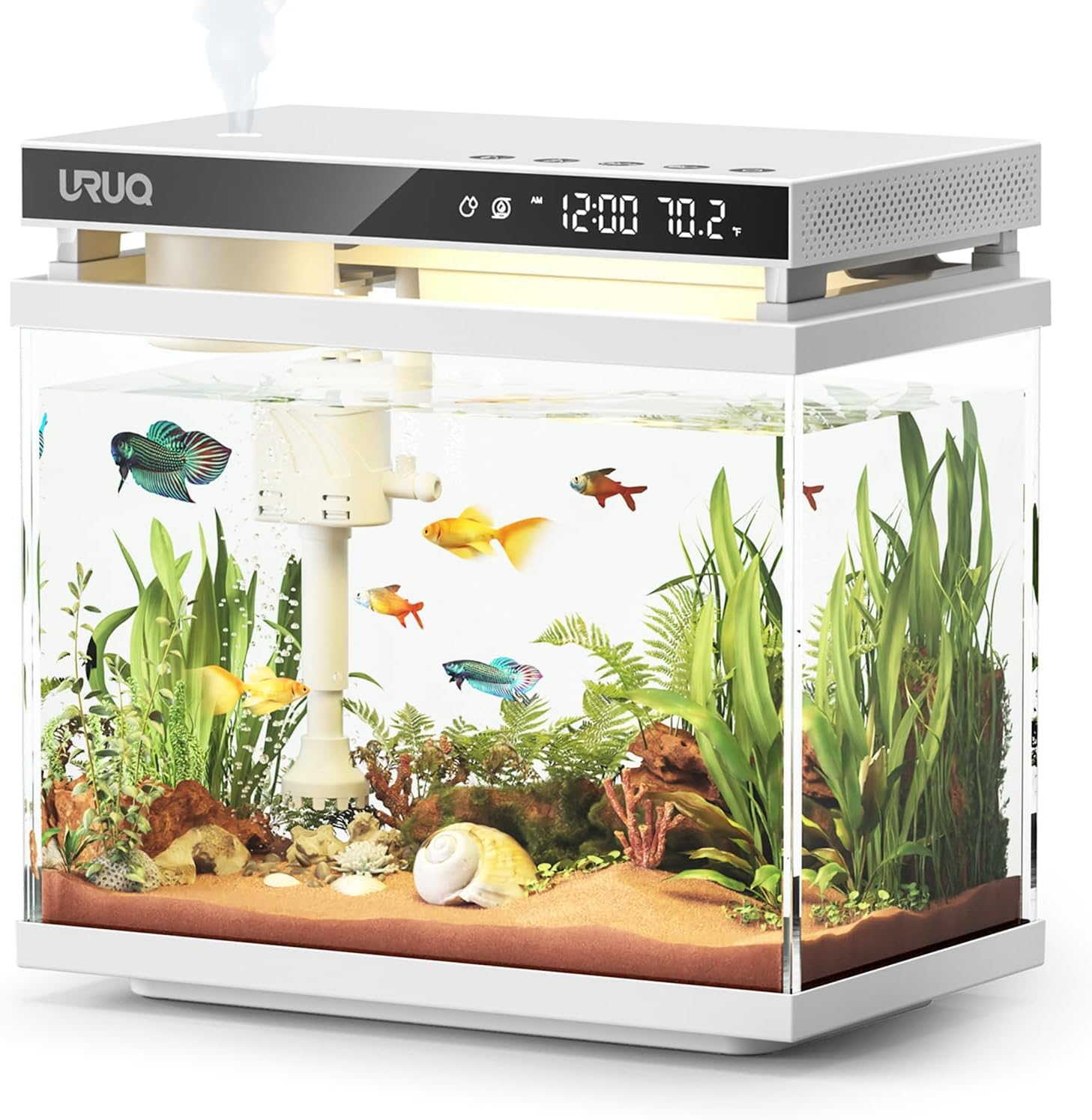 URUQ fish tank 2 Gal smart aquarium kit in a compact desk setup.