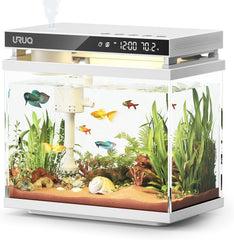 URUQ fish tank 2 Gal smart aquarium kit in a compact desk setup.