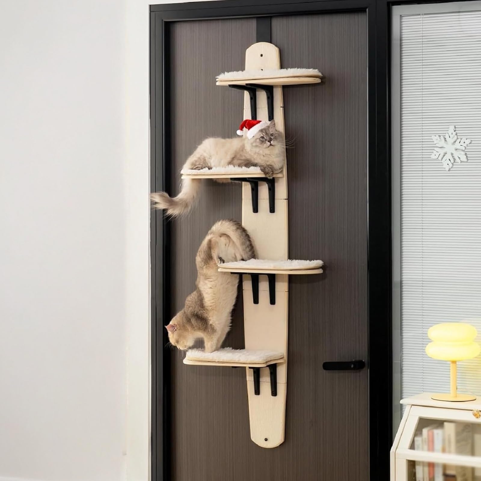 URZCT door hanging cat tree assembly in a compact doorway