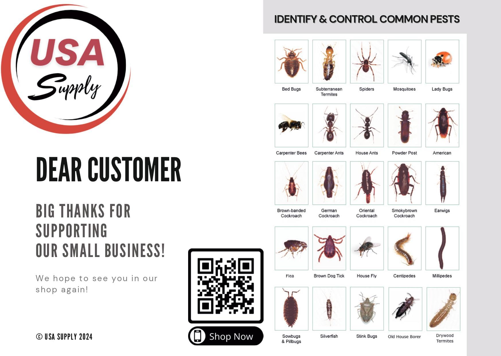 USA Supply Pest Identification Card included for quick pest checks.