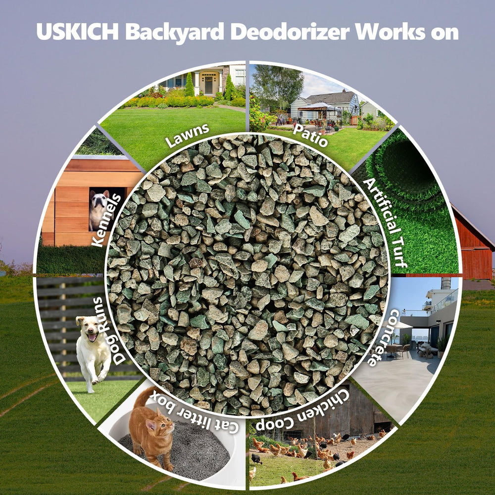 USKICH Backyard Deodorizer being scattered on grass to freshen outdoor spaces