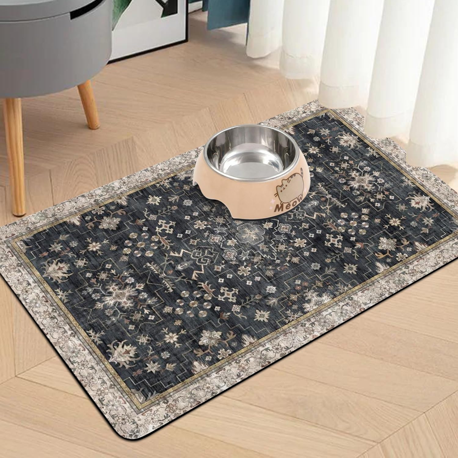 Usnfhcaw pet food mat with anti-slip backing keeps bowls steady.