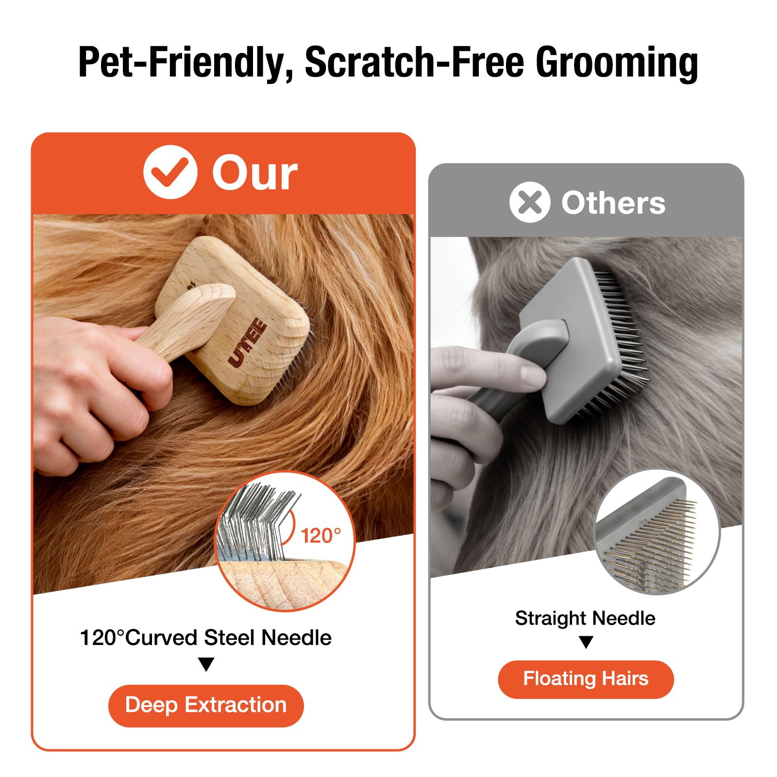 UTEE Slicker Brush shows the safety cushion protecting skin during grooming.